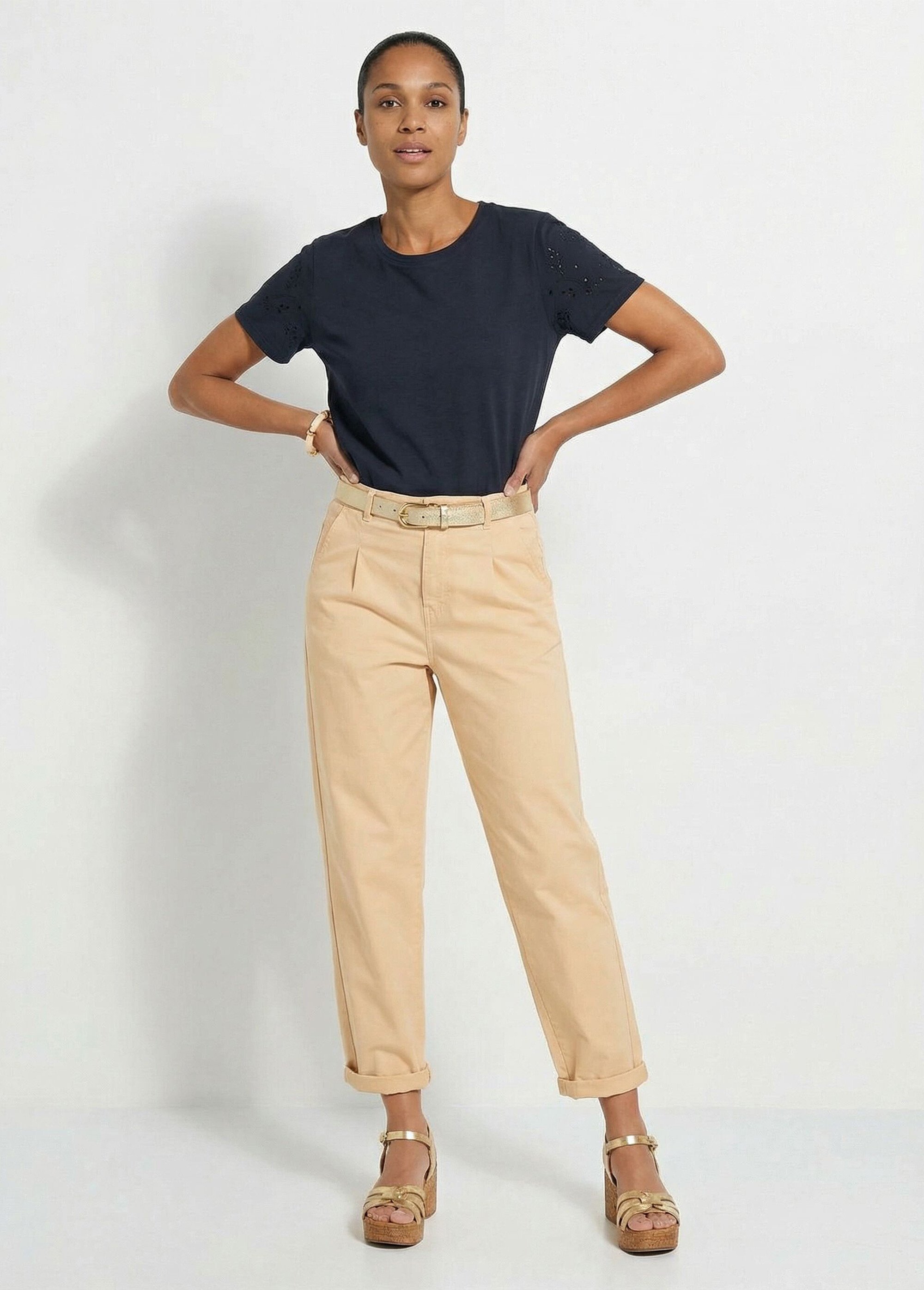 Jean couleur coupe carotte taille haute stretch Femme Beige NODILE SF1