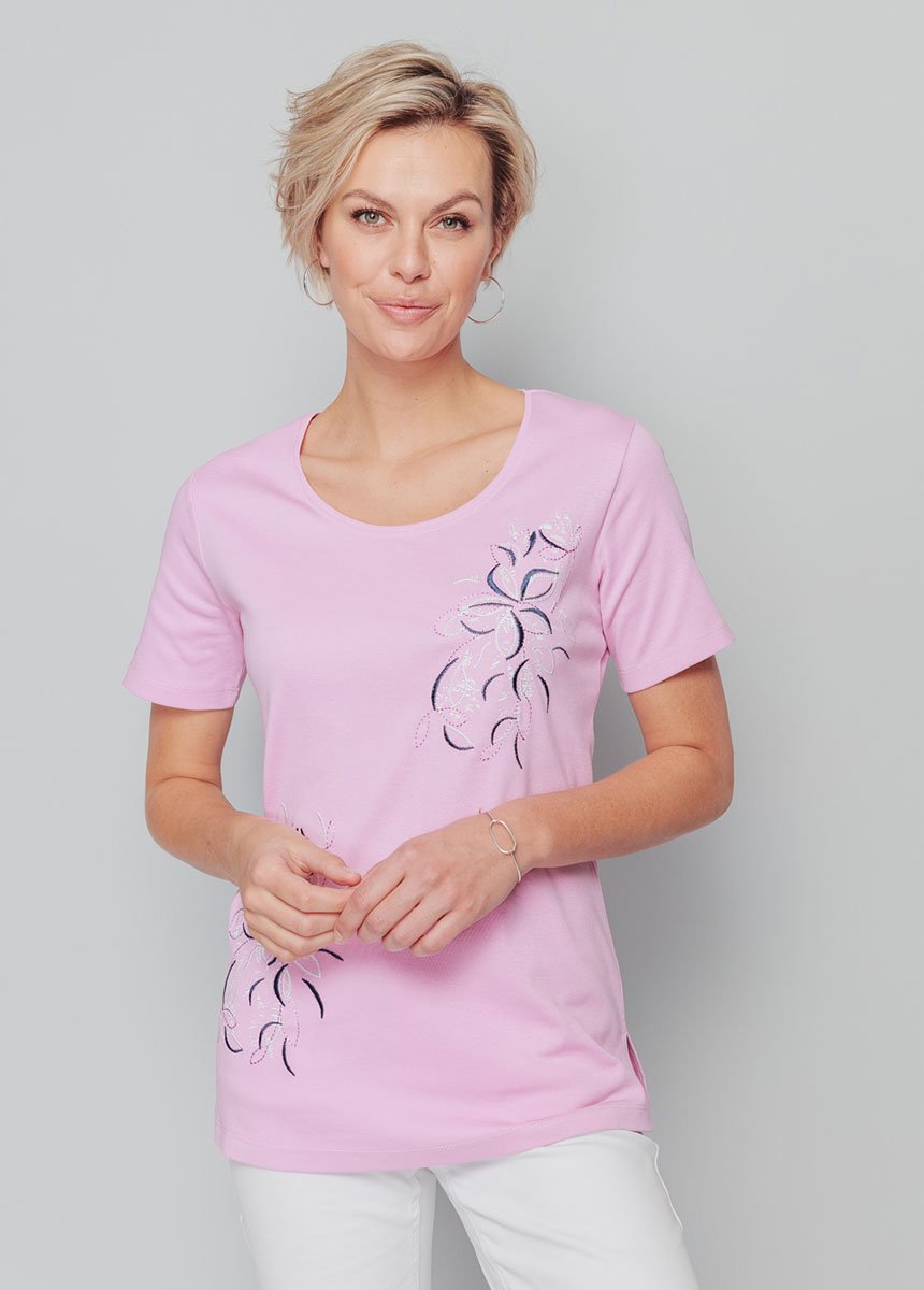 T-shirt long broderie placée fleurs
