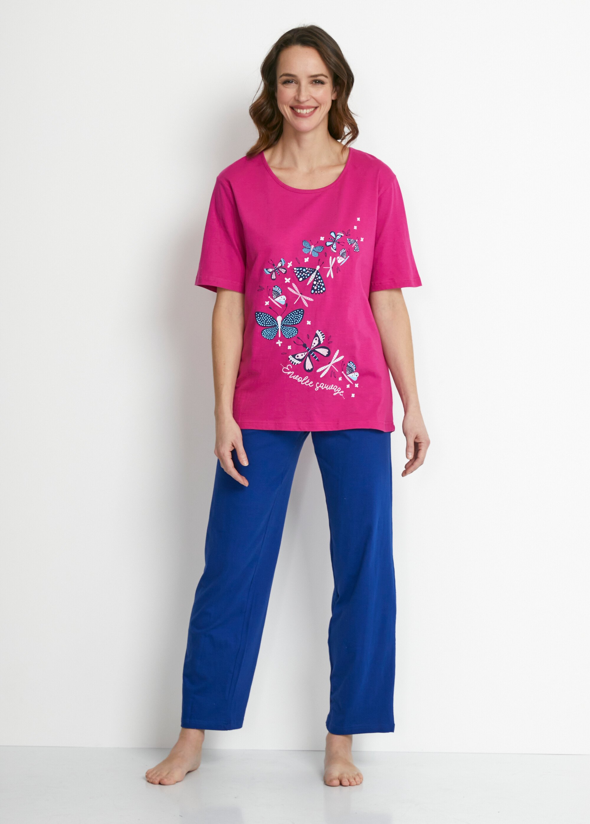 Bresdk Pyjama Femme Coton 2 Pièces - Haut Manches Courtes Uni + Pantalon Carreaux Taille Élastique, Doux & Respirant