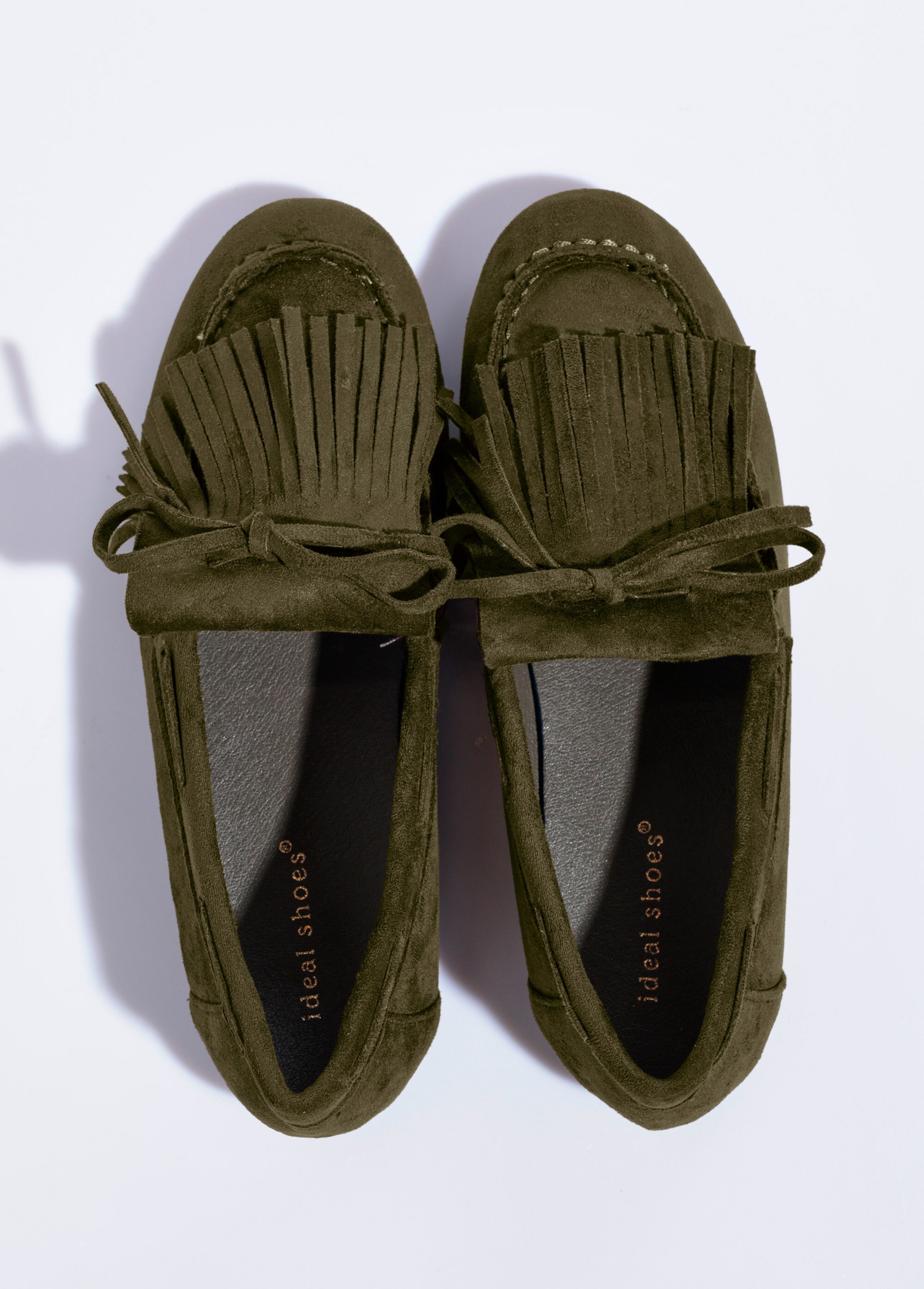 Mocassins à franges en suédine semelle plate Femme Vert QUIZ9722 OV1