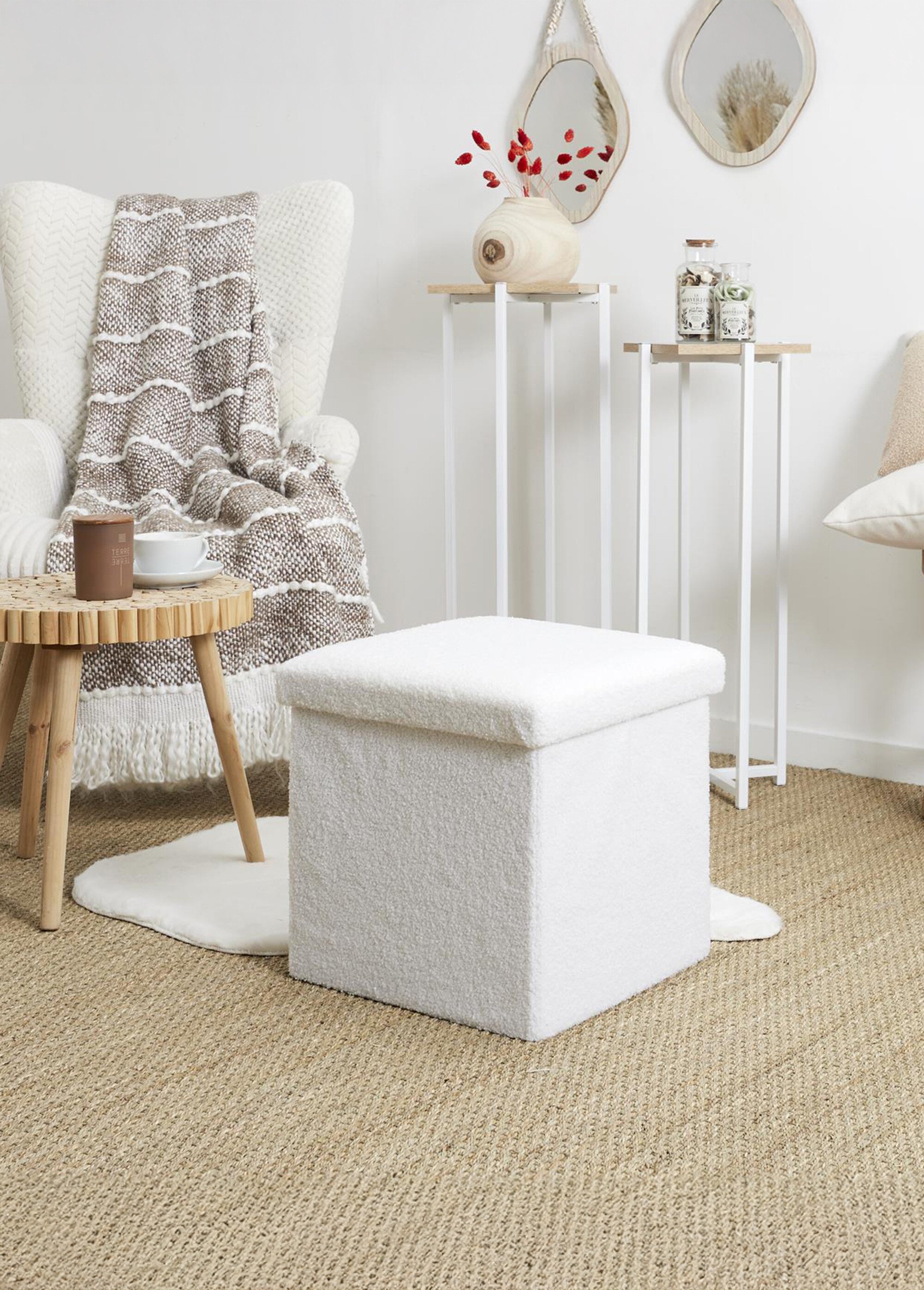 Pouf coffret pliable en maille bouclette BLANC CMP-HD0058 SI1