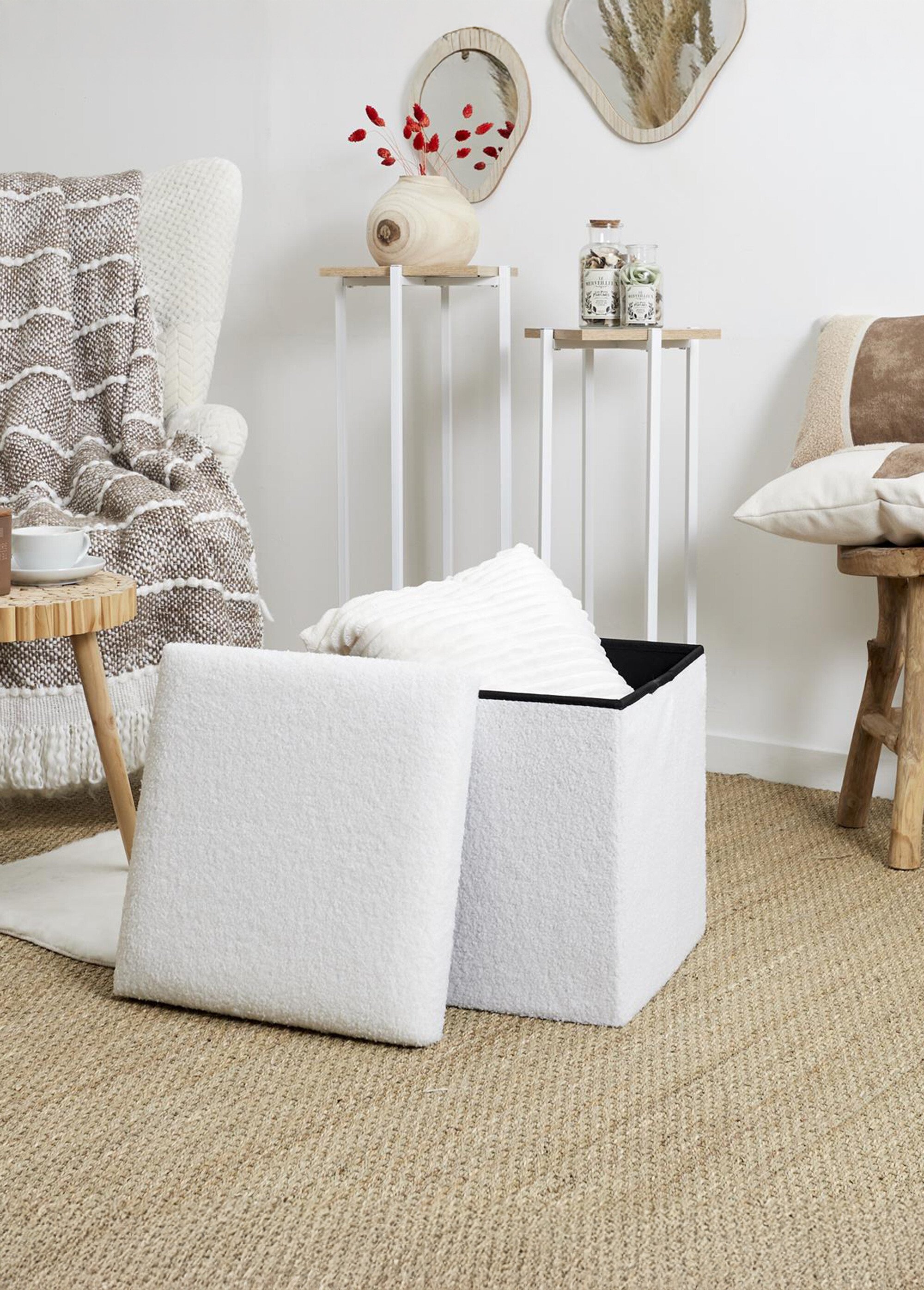 Pouf coffret pliable en maille bouclette BLANC CMP-HD0058 SI3