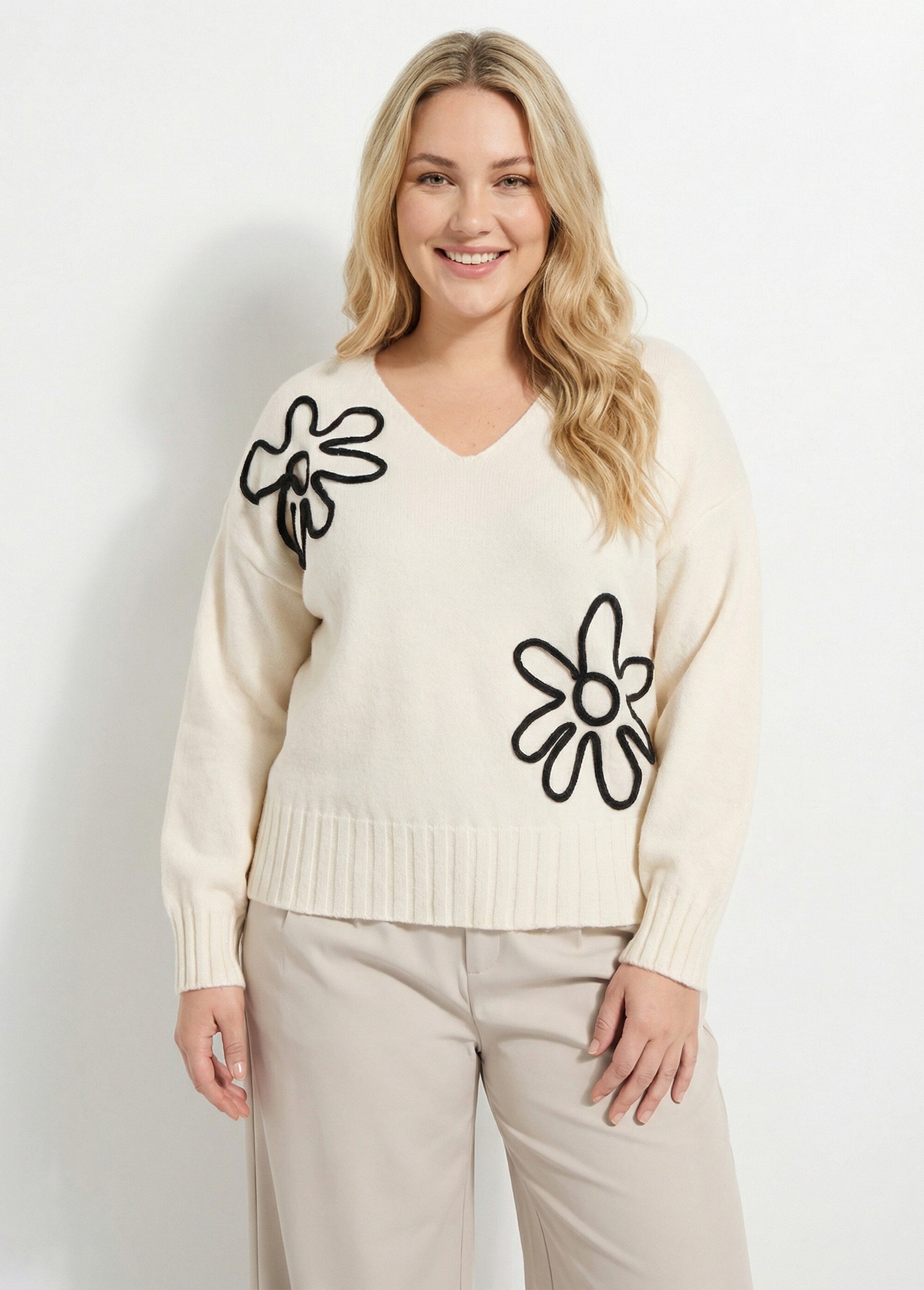 Pull col V applications fleurs Femme Grande Taille Beige CHY-A225-1 FA1