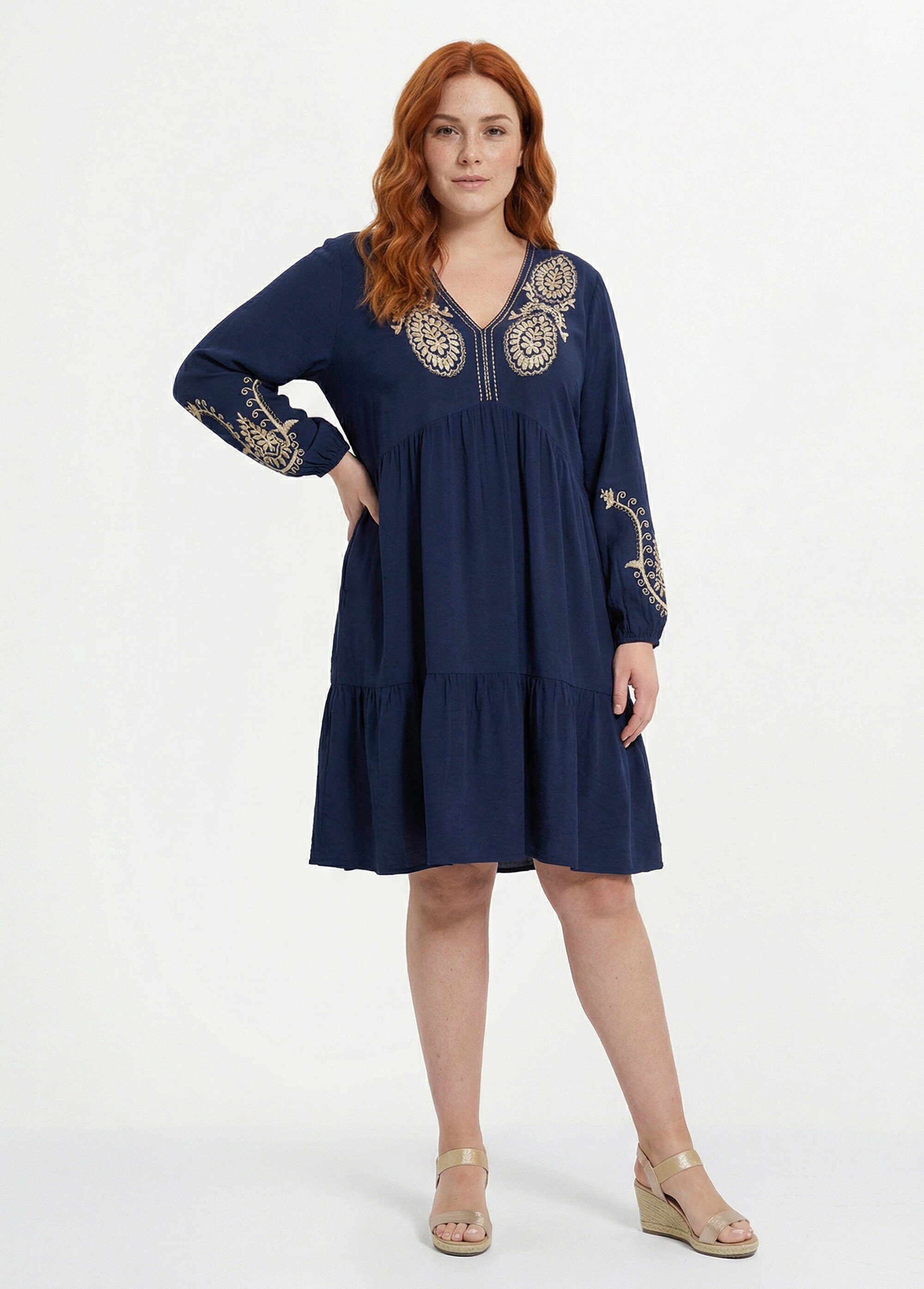 Robe col V avec broderies métallisées Femme Grande Taille Bleu CHY-D07 FA1