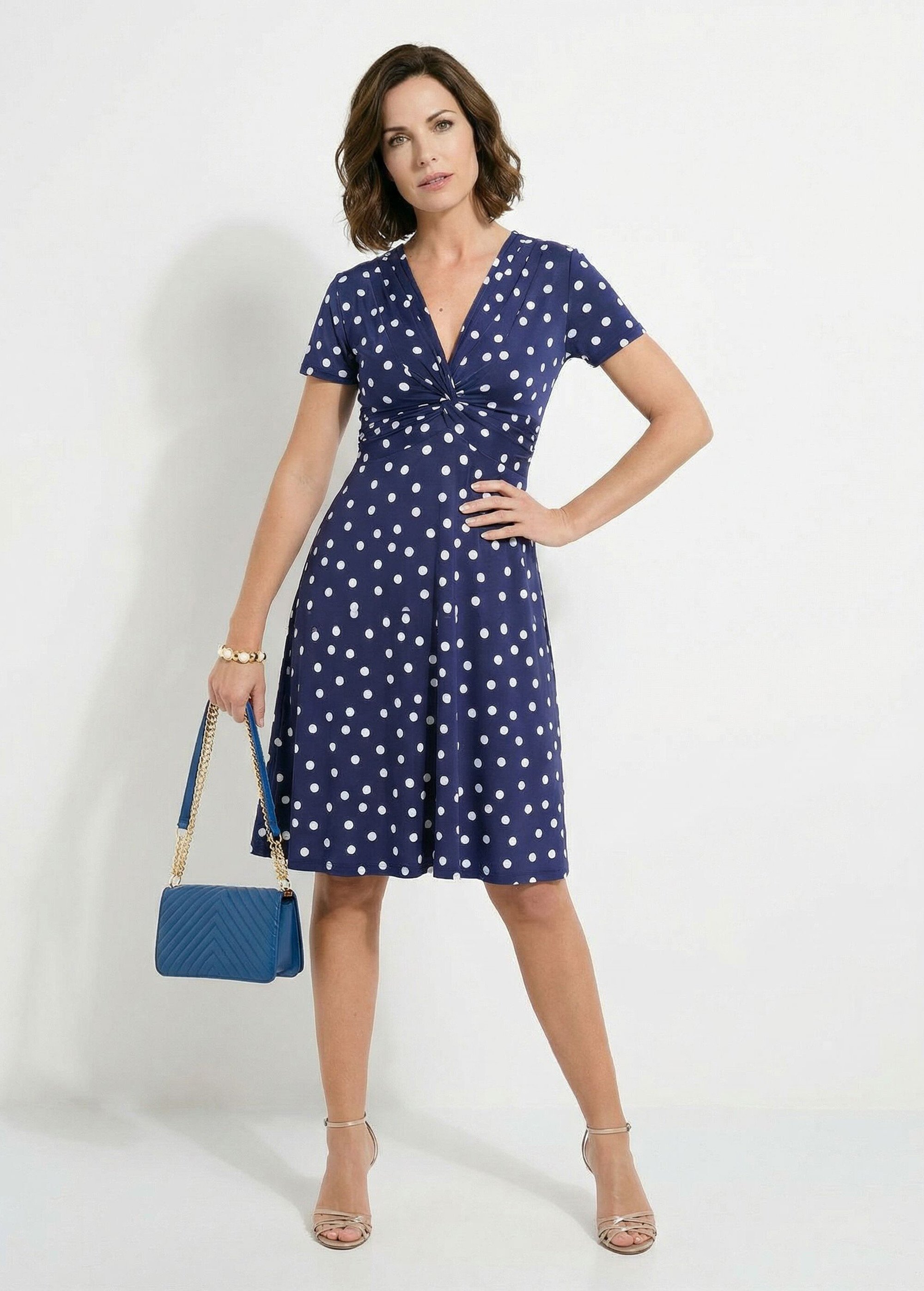 Robe courte col V drapé imprimé pois