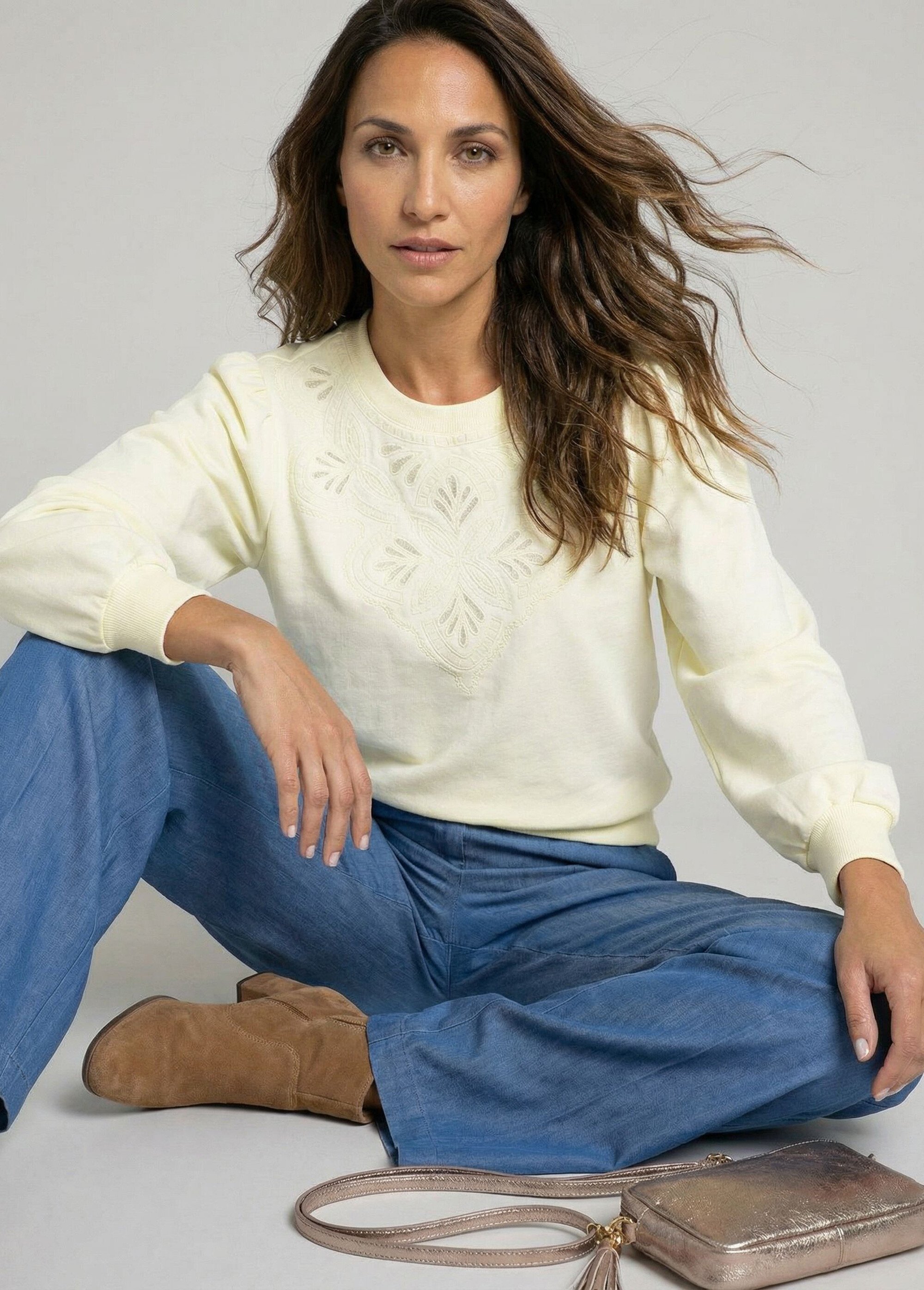 Sweat molleton pur coton brodé ajouré Jaune MIKADO MV1