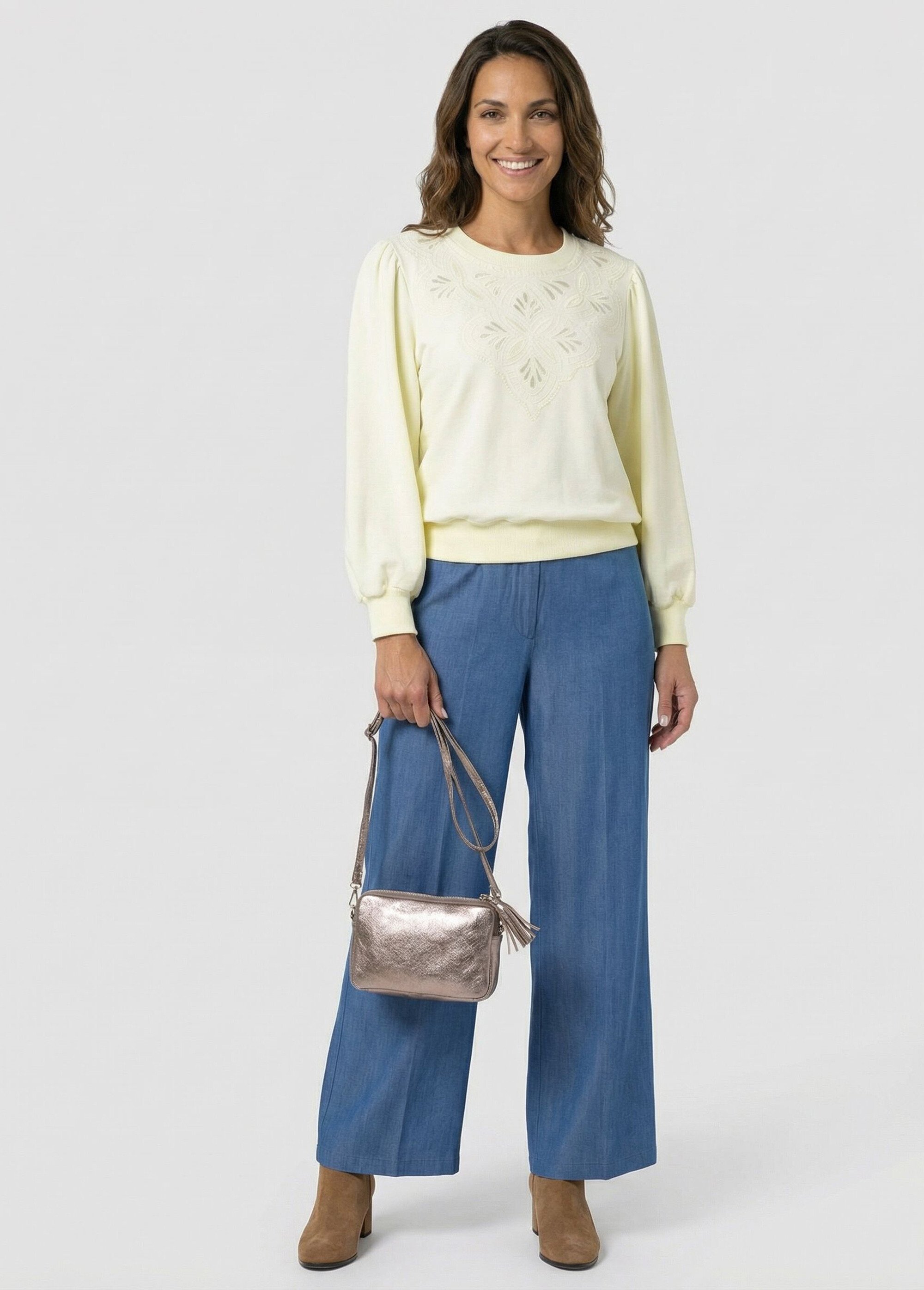 Sweat molleton pur coton brodé ajouré Jaune MIKADO SF1