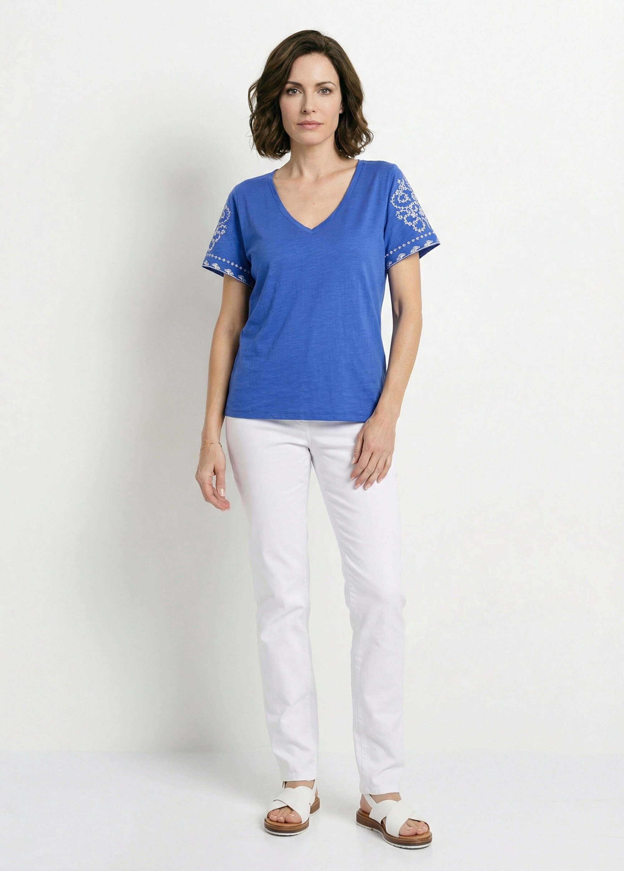 T-shirt brodé col V manches courtes Femme Bleu CELITA SF1