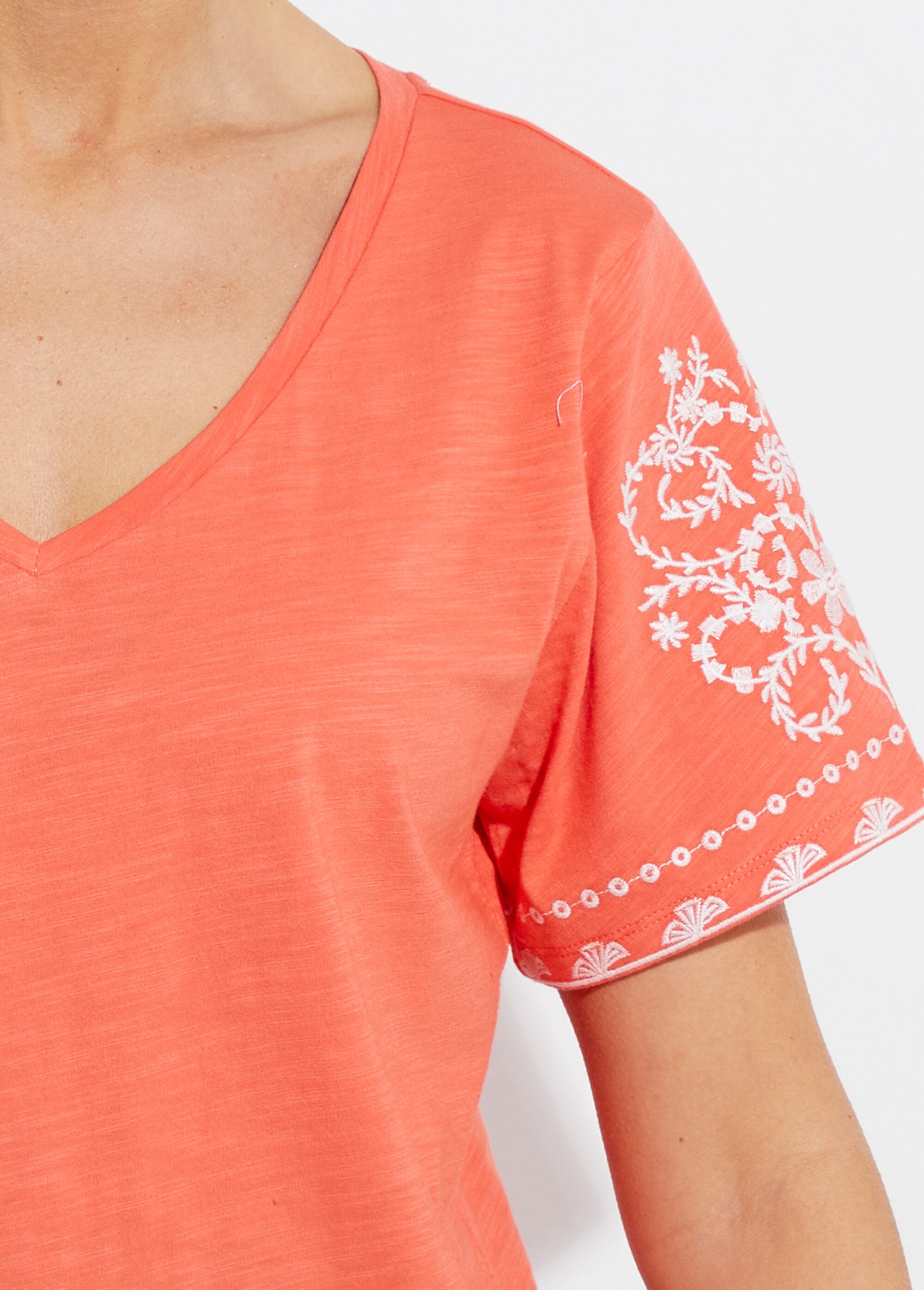 T-shirt brodé col V manches courtes Femme ORANGE ET BLANC CELITA DE1