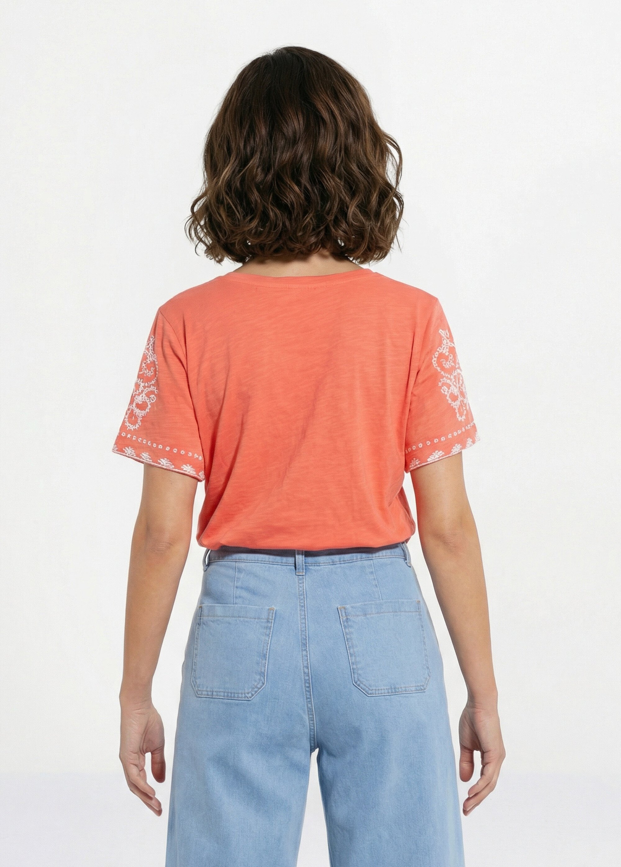 T-shirt brodé col V manches courtes Femme ORANGE ET BLANC CELITA DO1