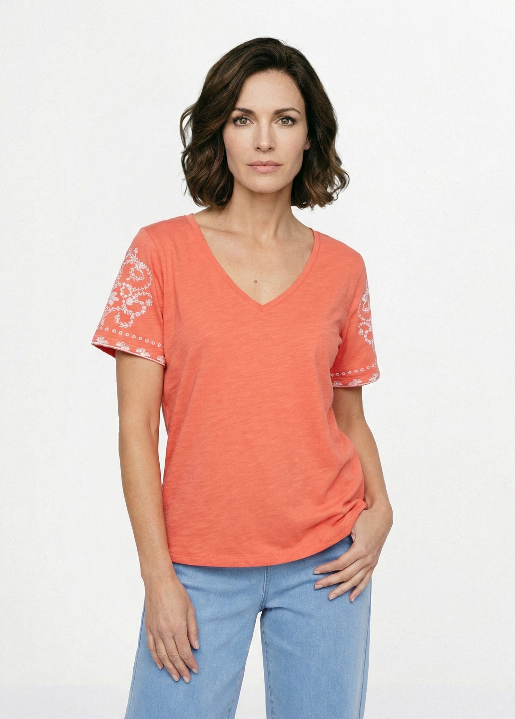 T-shirt brodé col V manches courtes Femme ORANGE ET BLANC CELITA FA1