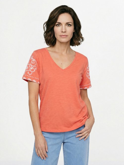 T-shirt brodé col V manches courtes Femme ORANGE ET BLANC CELITA FA1