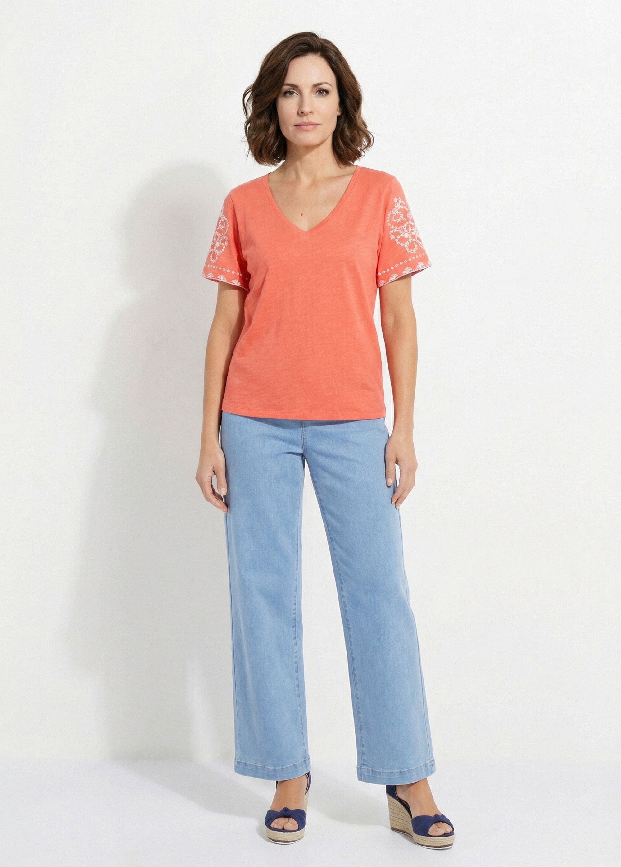 T-shirt brodé col V manches courtes Femme ORANGE ET BLANC CELITA SF1