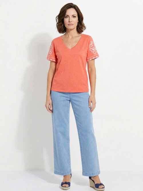 T-shirt brodé col V manches courtes Femme ORANGE ET BLANC CELITA SF1