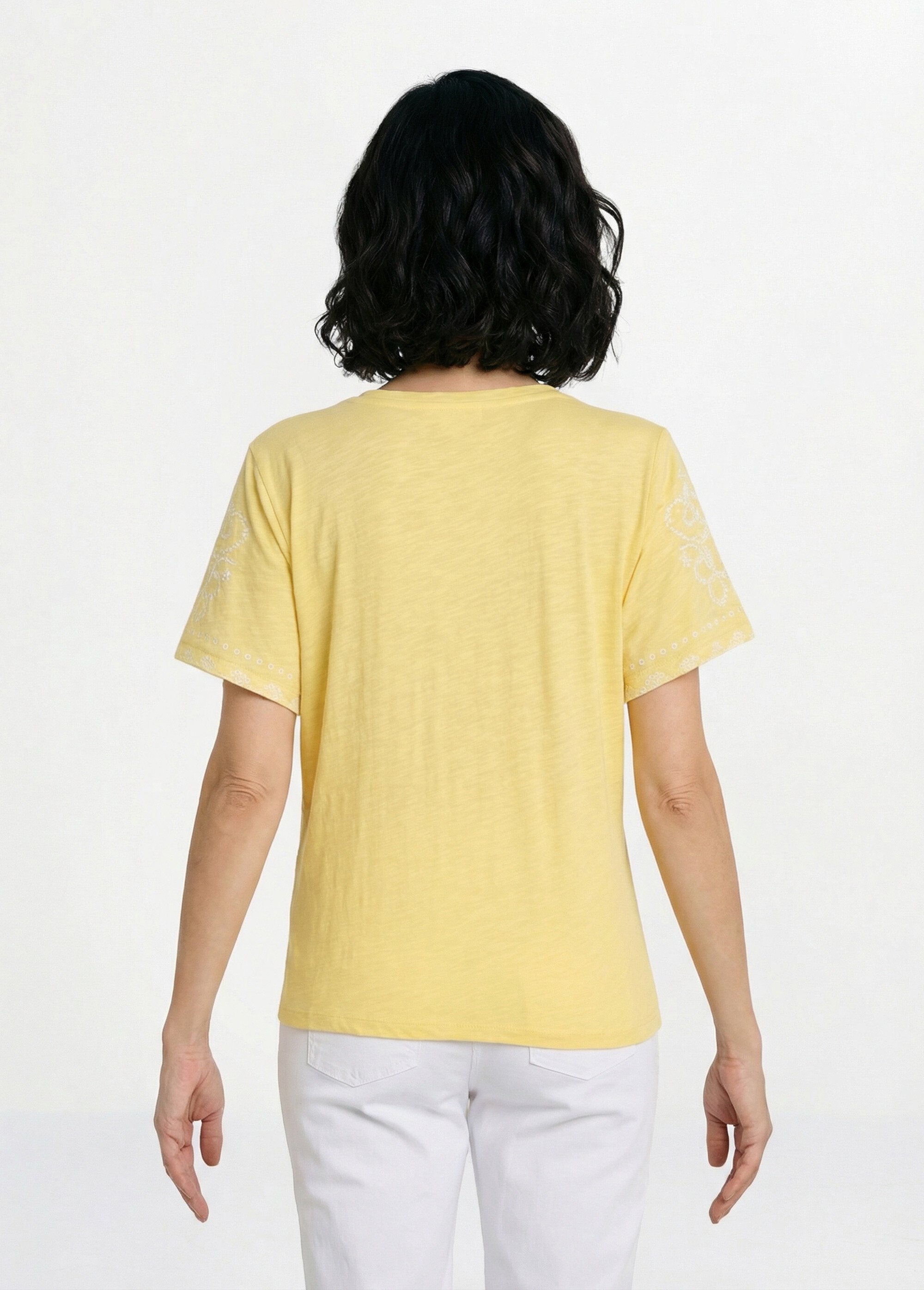 T-shirt brodé col V manches courtes