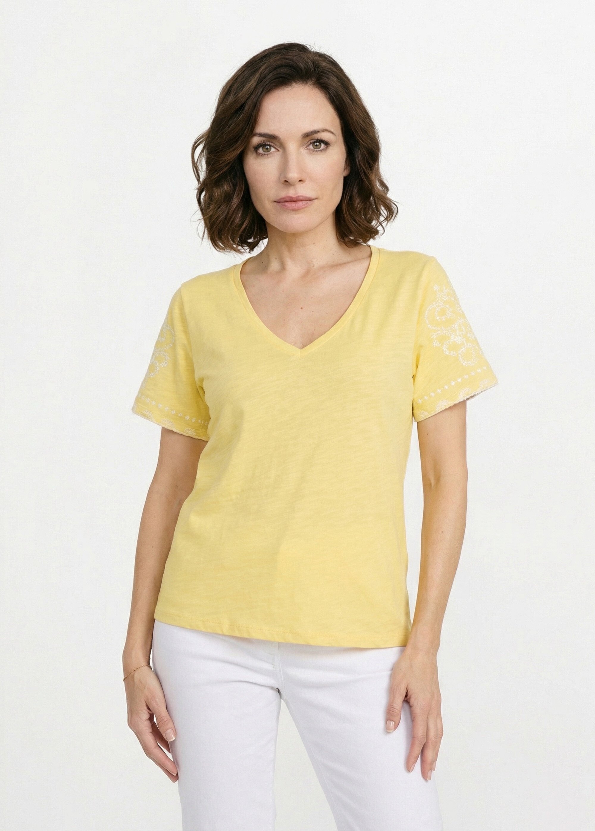 T-shirt brodé col V manches courtes Femme Jaune CELITA FA1