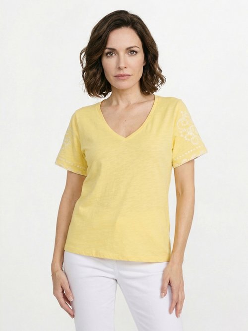T-shirt brodé col V manches courtes Femme Jaune CELITA FA1