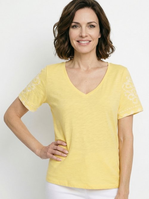 T-shirt brodé col V manches courtes Femme Jaune CELITA MV1