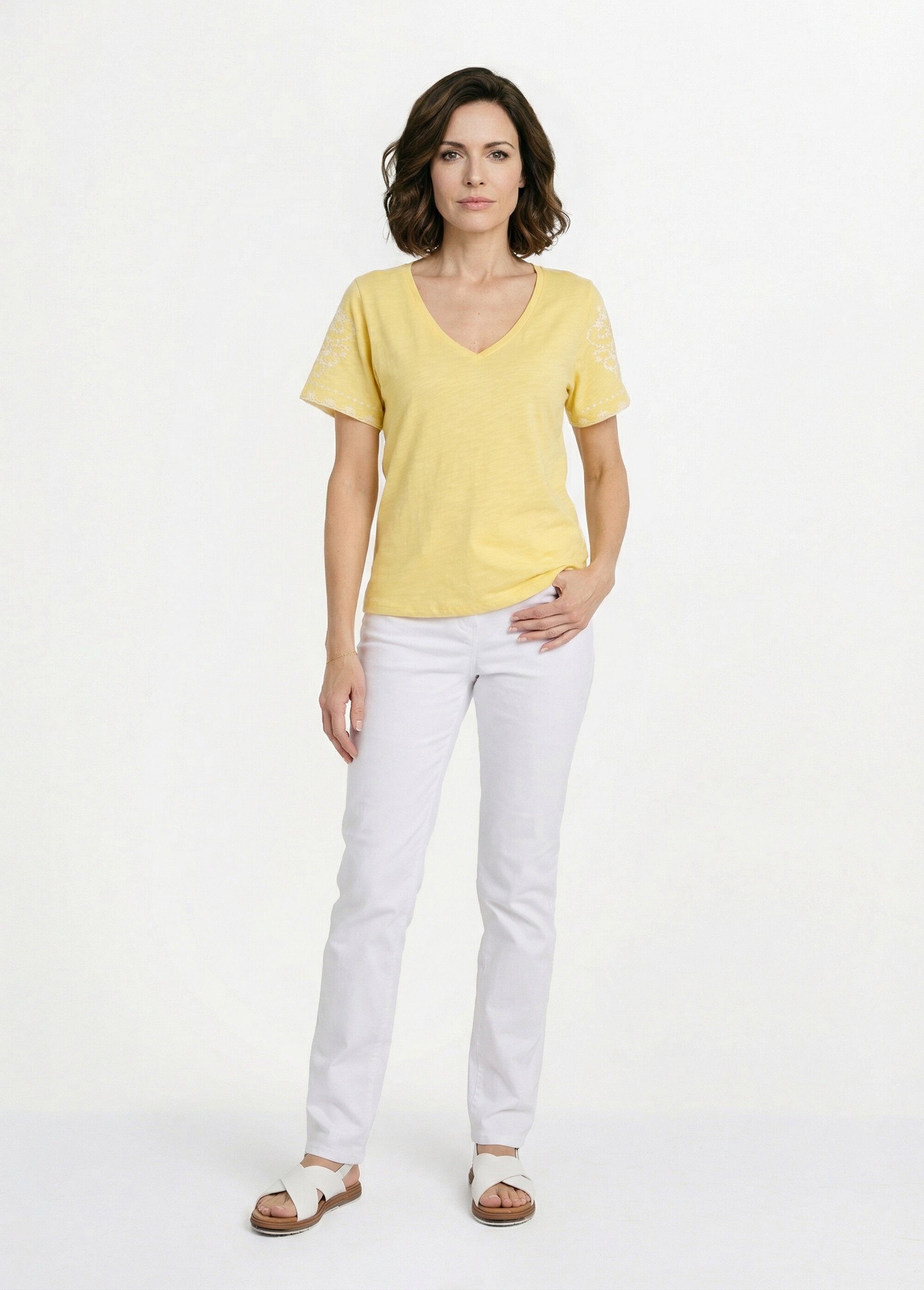 T-shirt brodé col V manches courtes Femme Jaune CELITA SF1