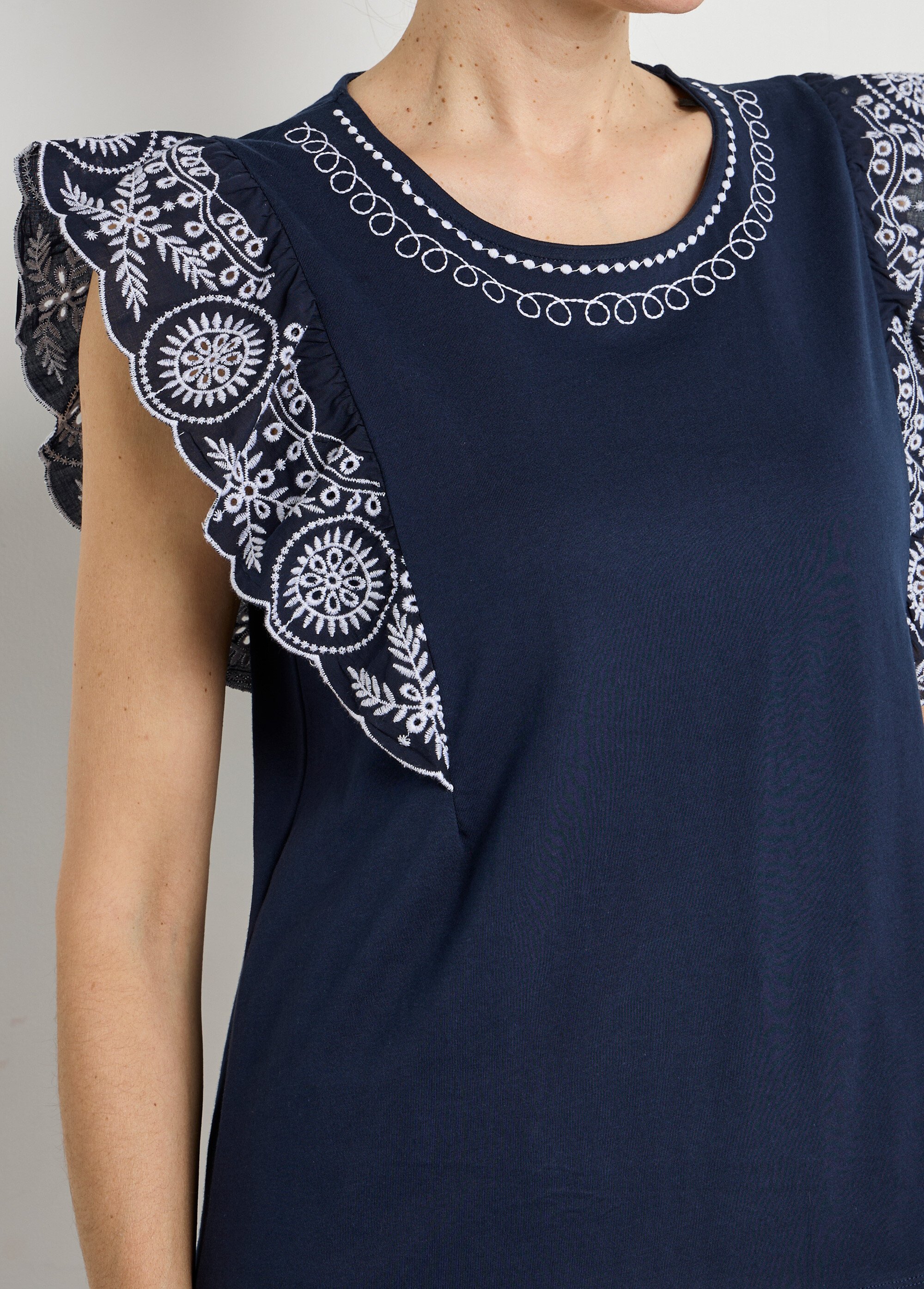T-shirt brodé jersey et voile coton