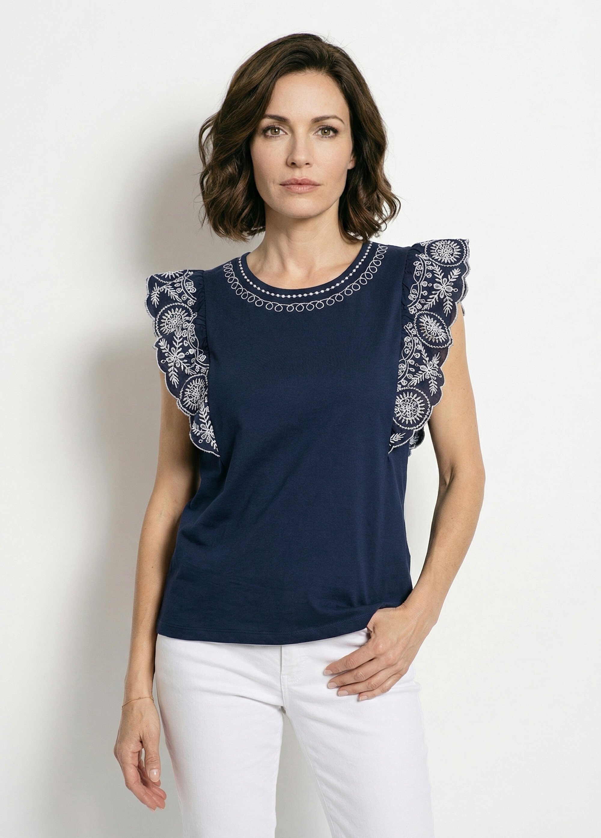 T-shirt brodé jersey et voile coton Femme Bleu CLEORE FA1