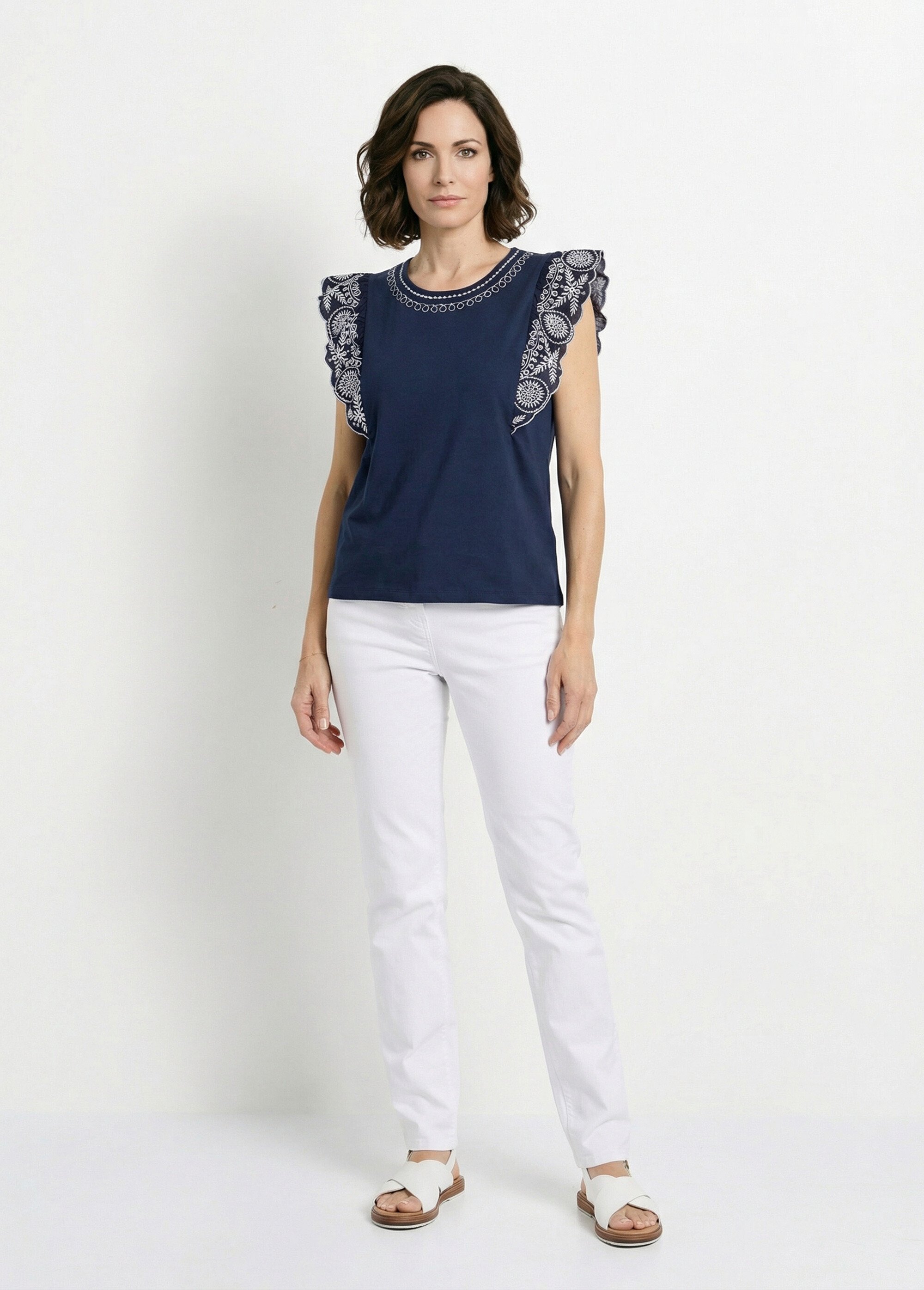 T-shirt brodé jersey et voile coton Femme Bleu CLEORE SF1