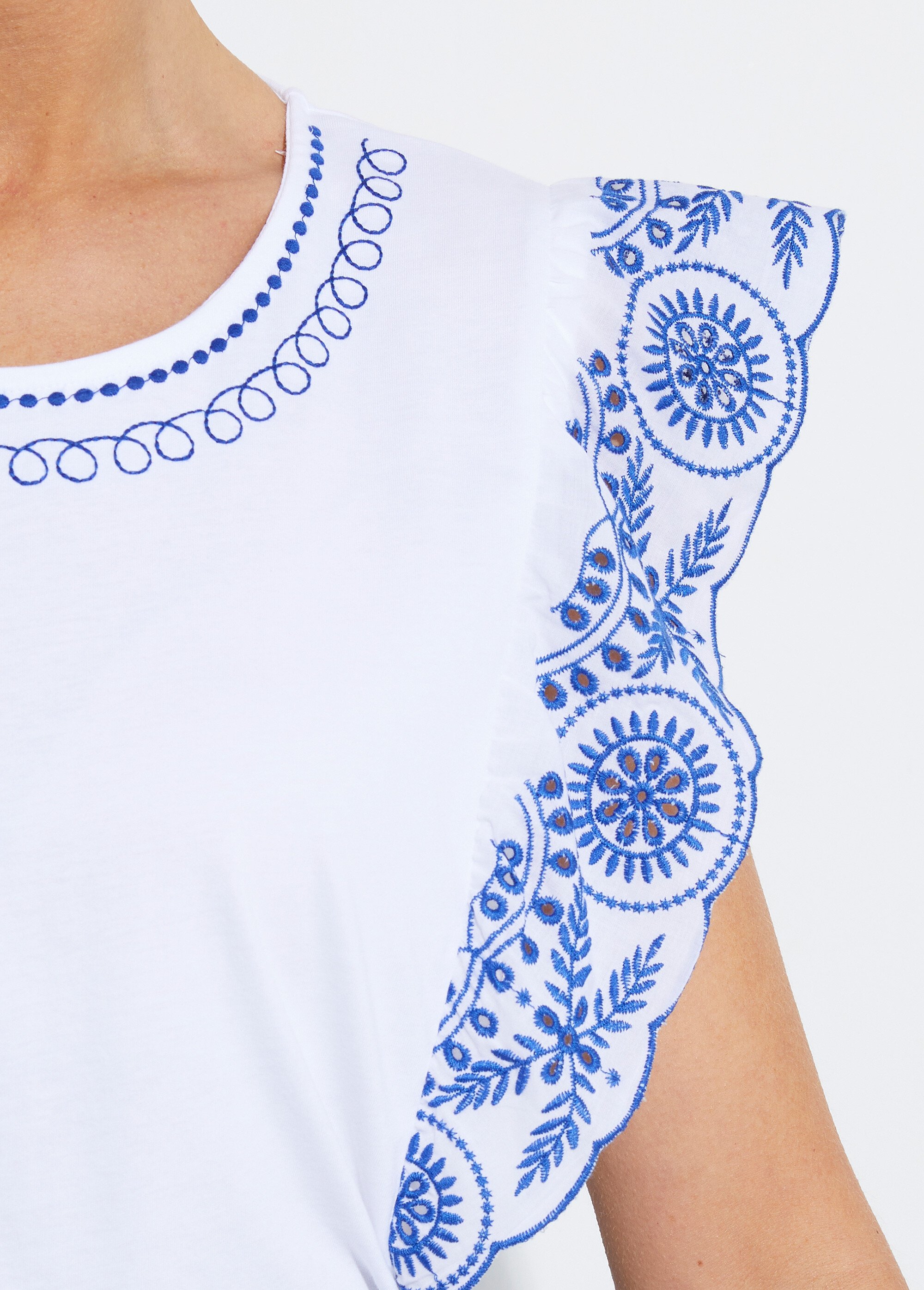 T-shirt brodé jersey et voile coton Femme BLANC ET AZUR CLEORE DE1