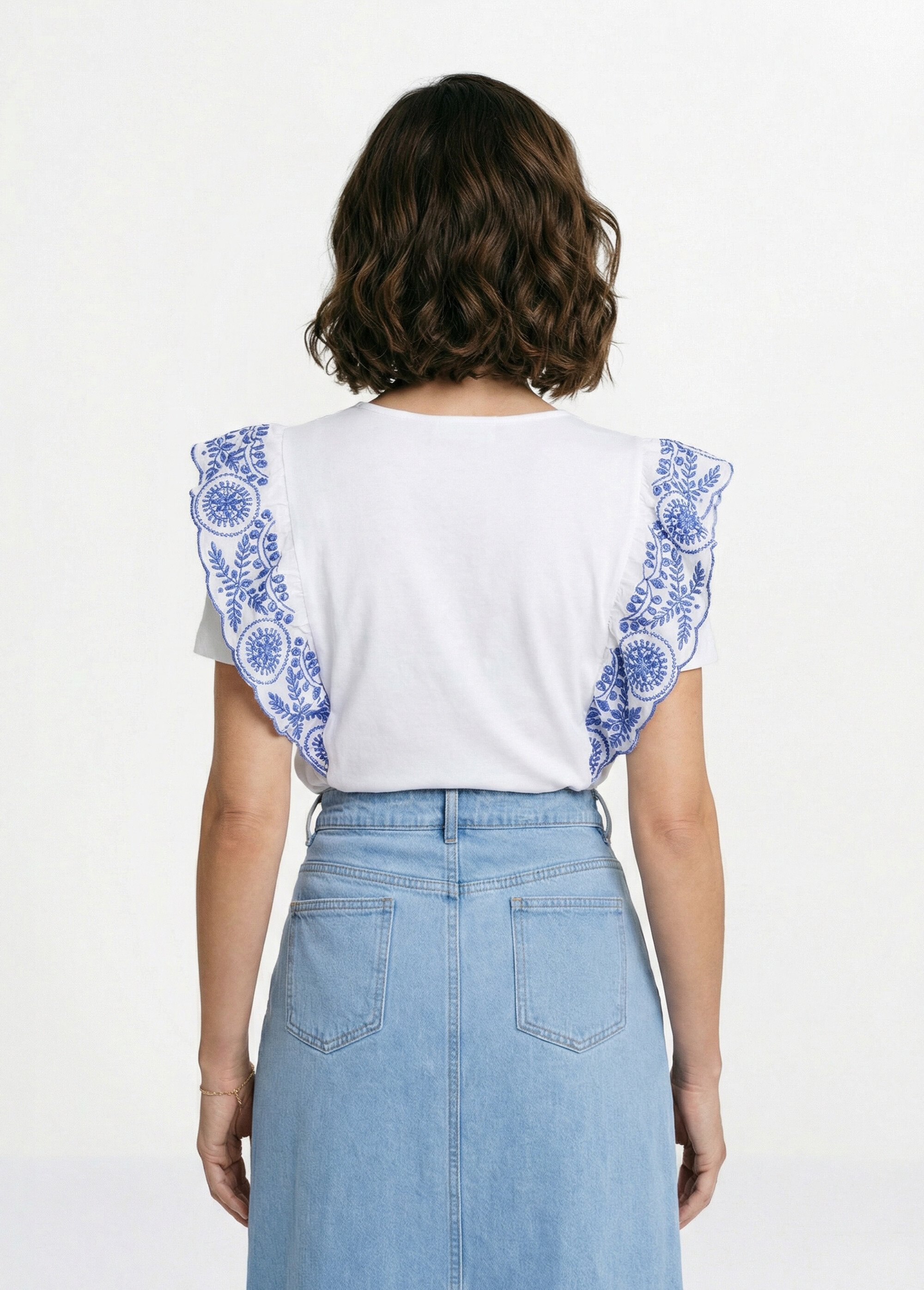 T-shirt brodé jersey et voile coton Femme BLANC ET AZUR CLEORE DO1