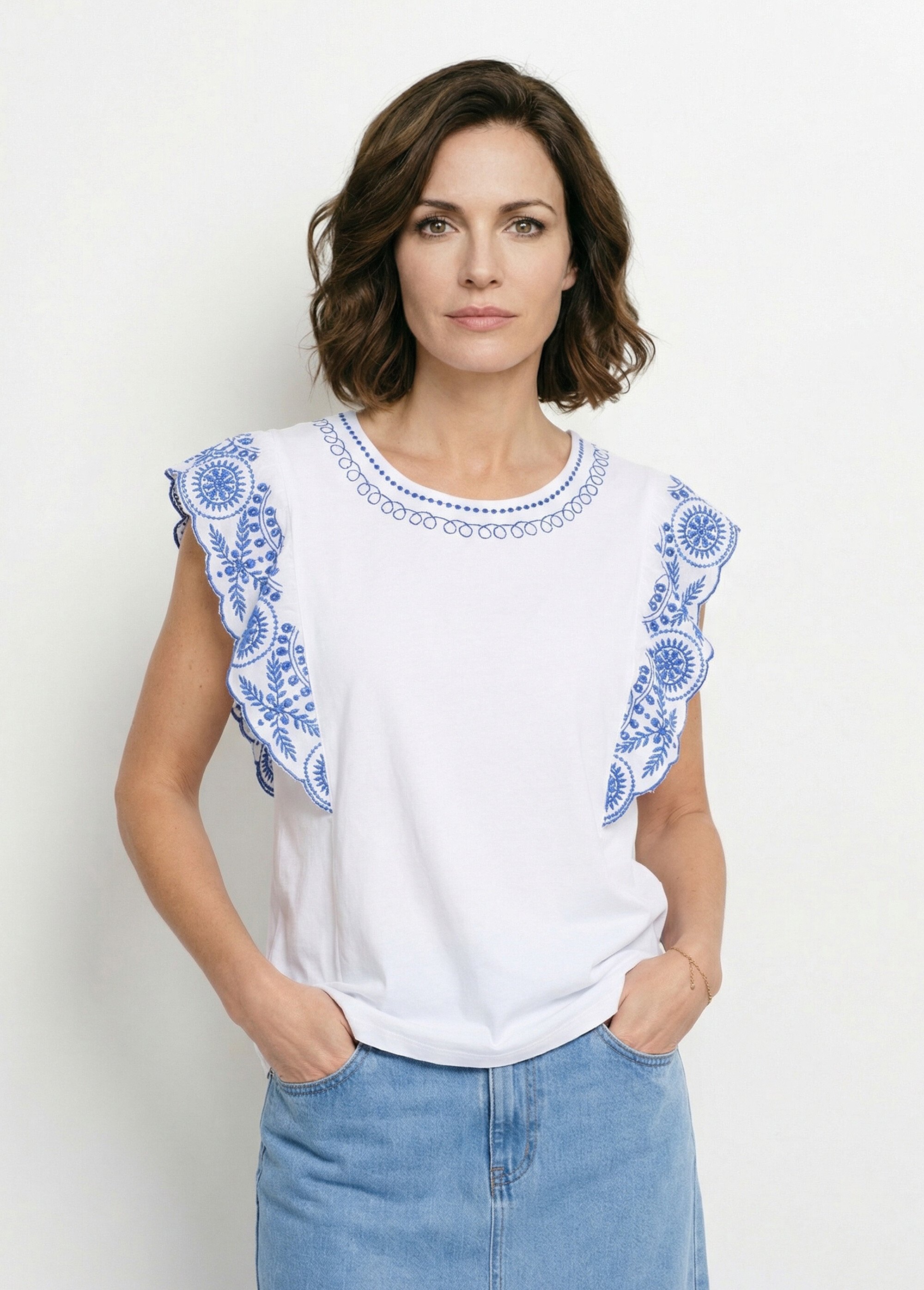 T-shirt brodé jersey et voile coton Femme BLANC ET AZUR CLEORE FA1