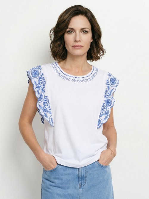 T-shirt brodé jersey et voile coton Femme BLANC ET AZUR CLEORE FA1