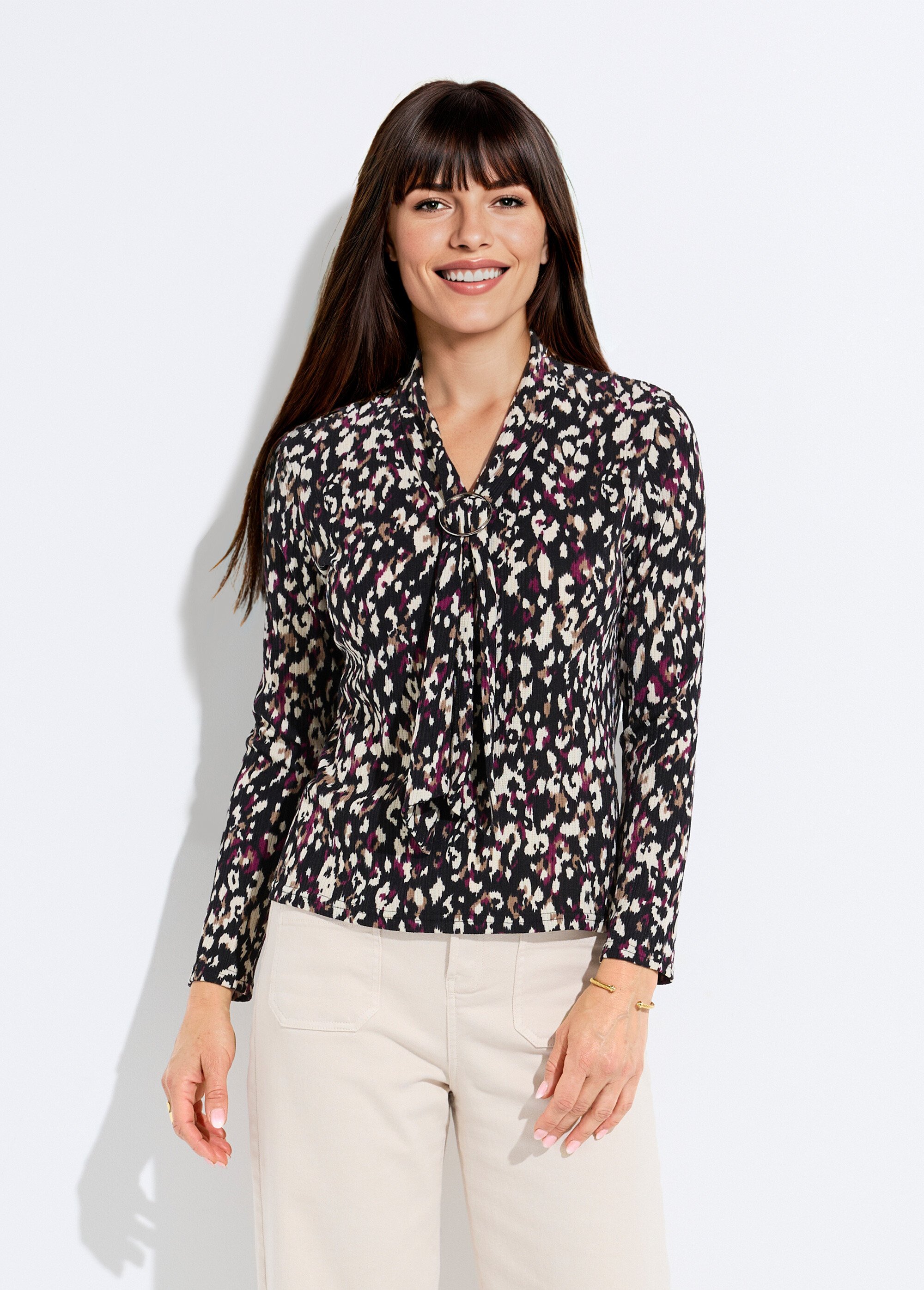 T-shirt col lavallière imprimé graphique Femme Noir CALVA FA1