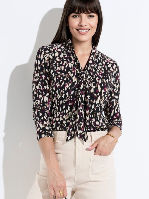 T-shirt col lavallière imprimé graphique Femme Noir CALVA MV1