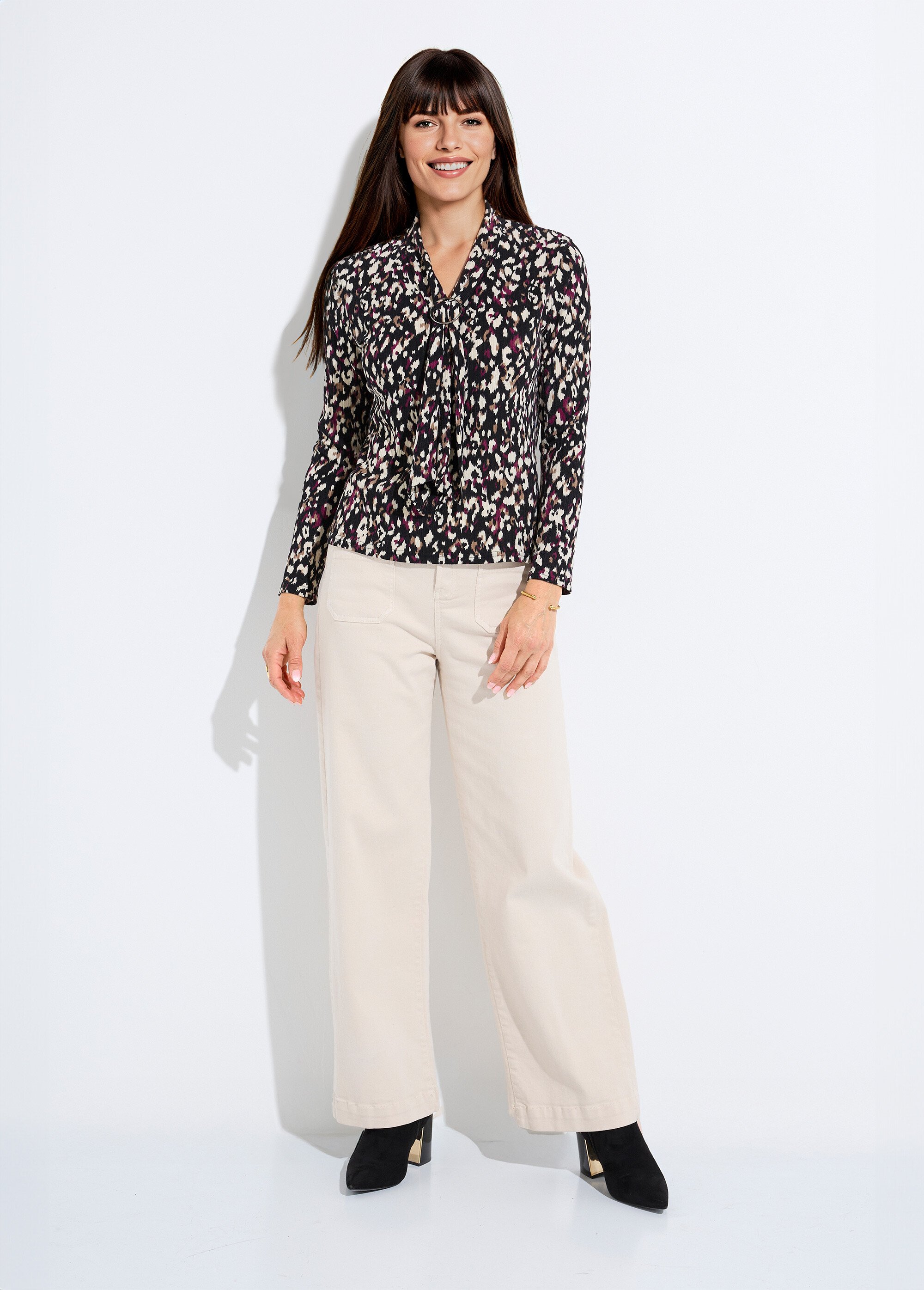 T-shirt col lavallière imprimé graphique Femme Noir CALVA SF1