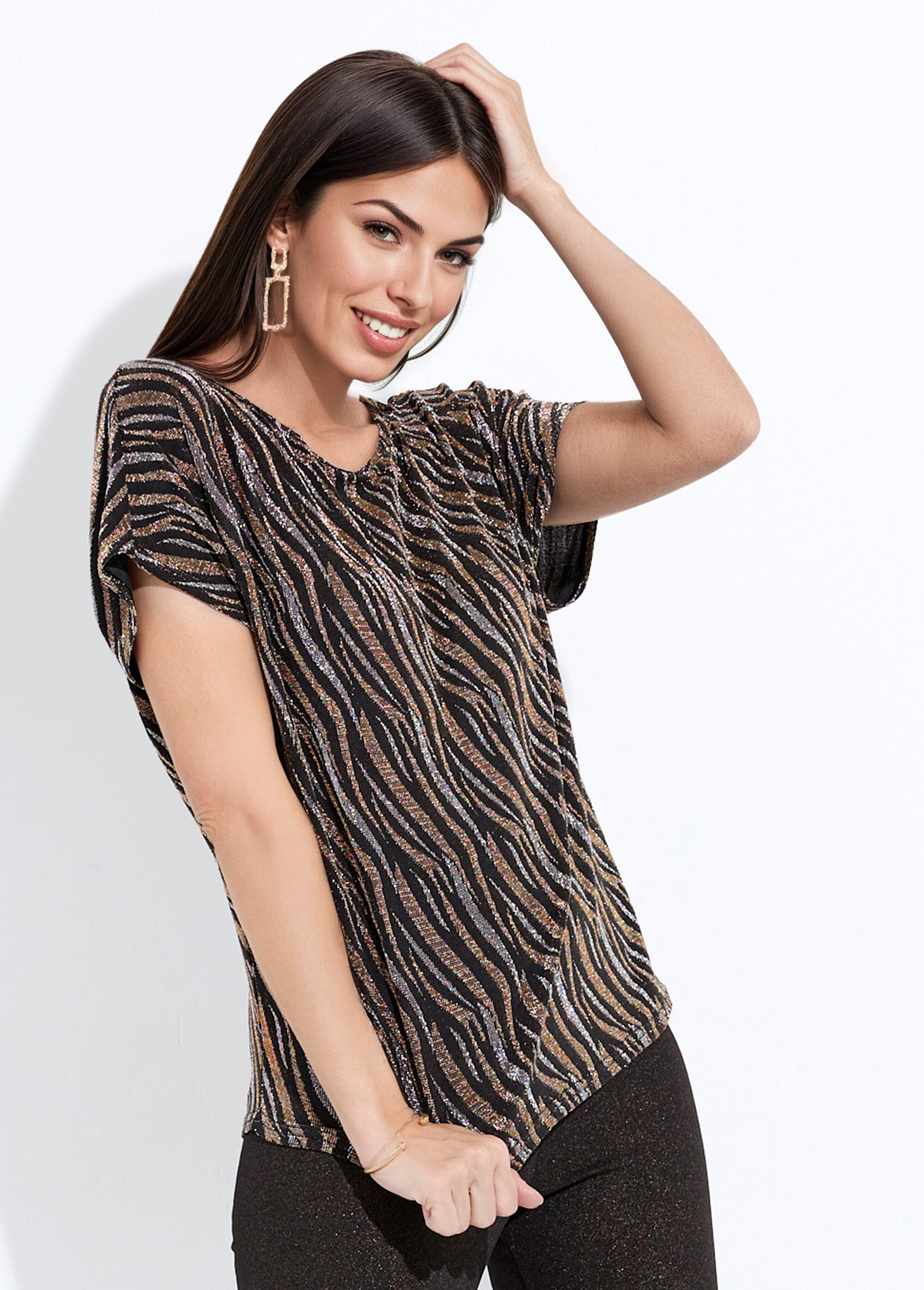 T-shirt court maille brillante jacquard dentelle Femme Noir CANTAOUS MV1