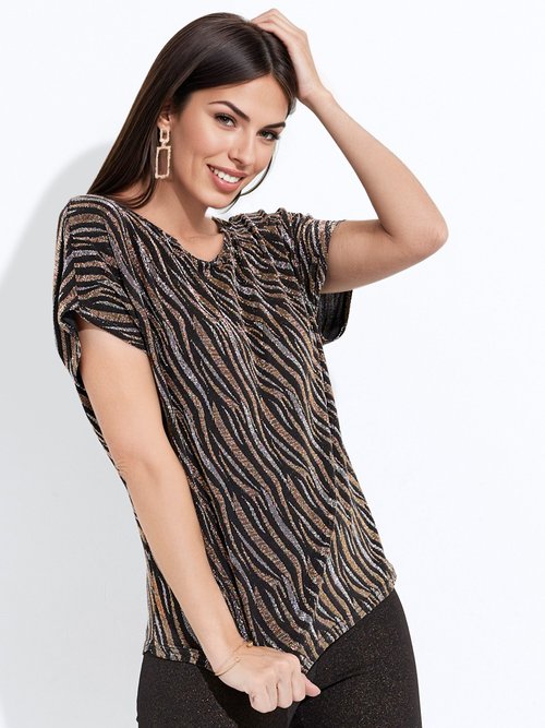 T-shirt court maille brillante jacquard dentelle Femme Noir CANTAOUS MV1