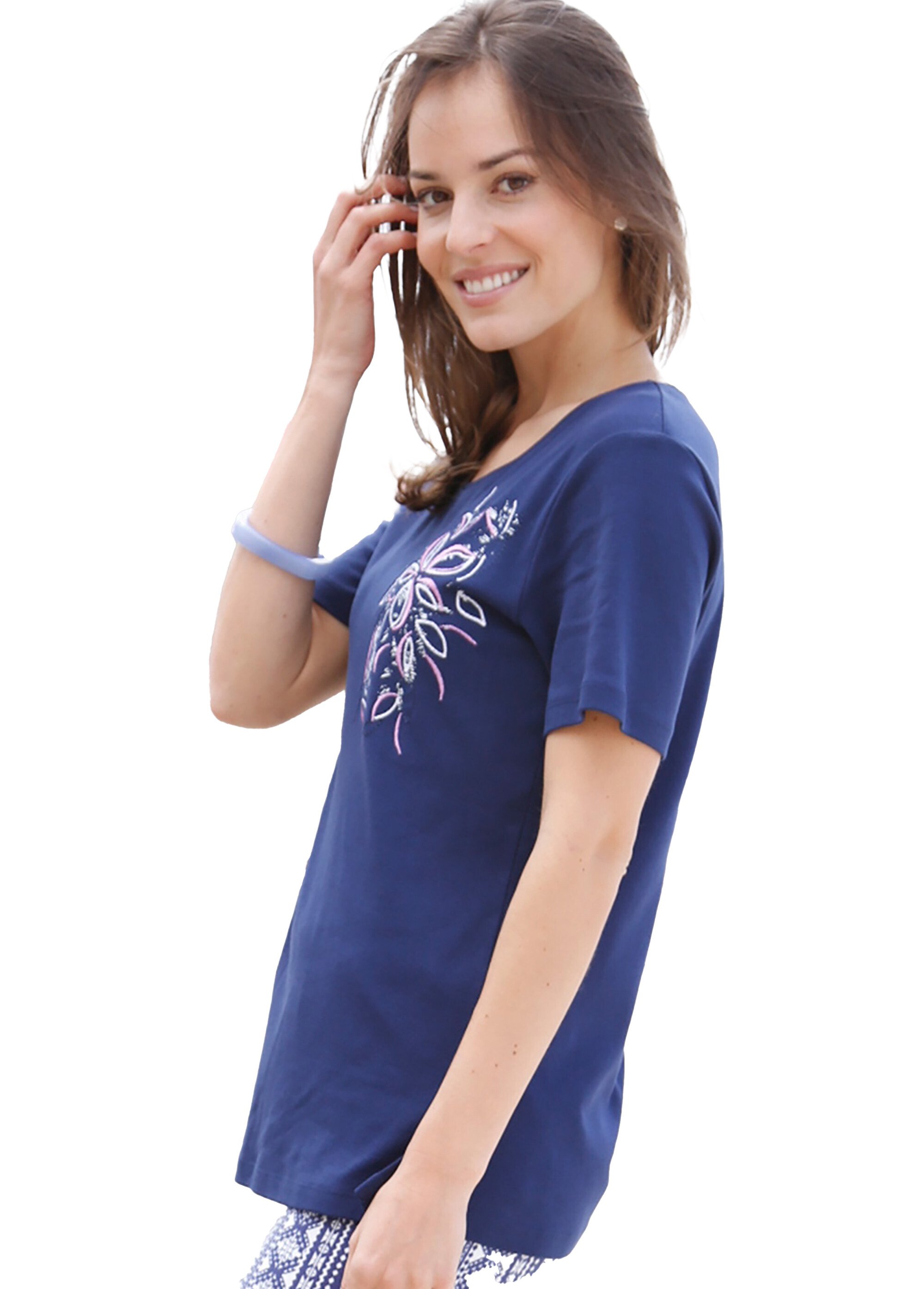 T-shirt long broderie placée fleurs