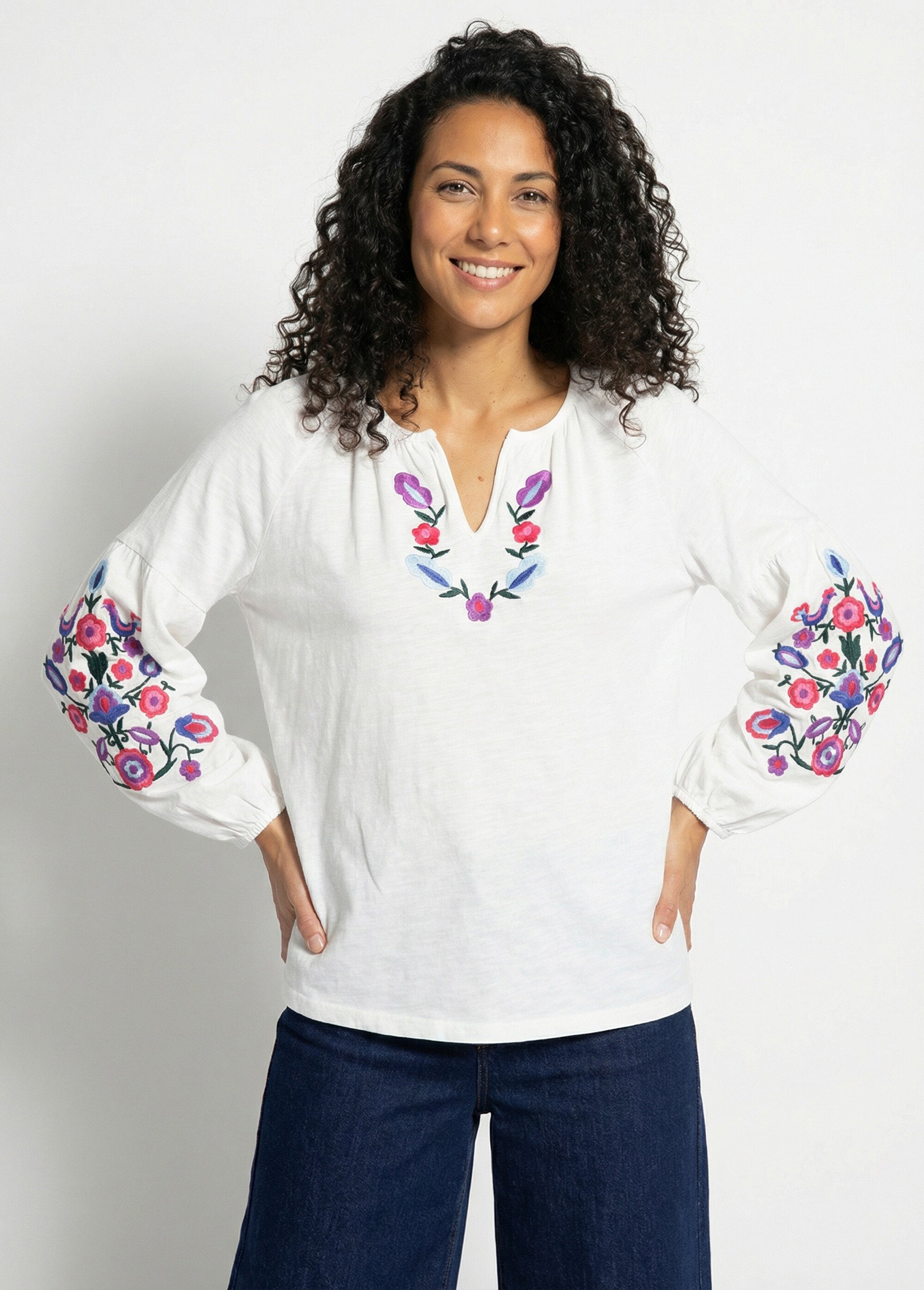 T-shirt long brodé manches longues Femme Blanc CENDY FA1