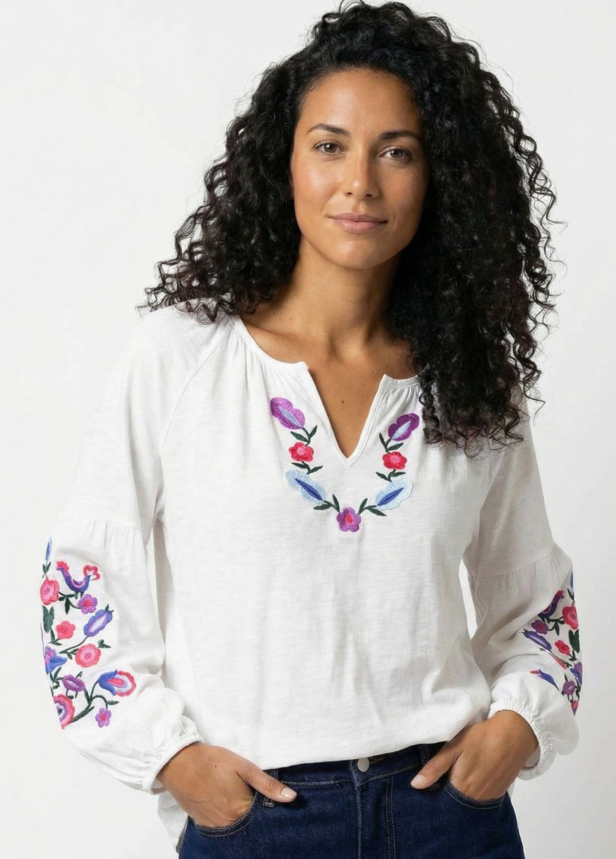 T-shirt long brodé manches longues Femme Blanc CENDY MV1