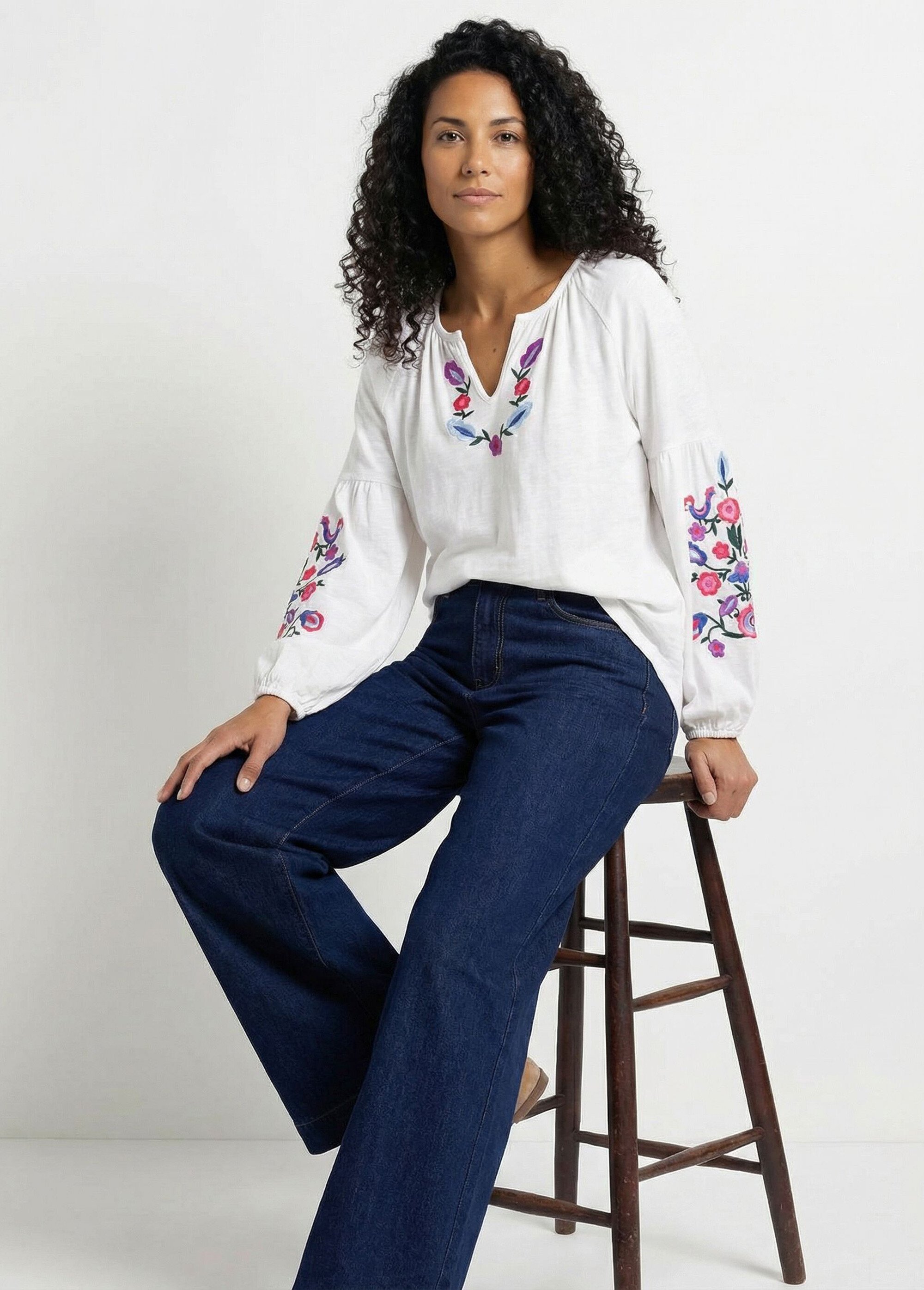 T-shirt long brodé manches longues Femme Blanc CENDY SI1