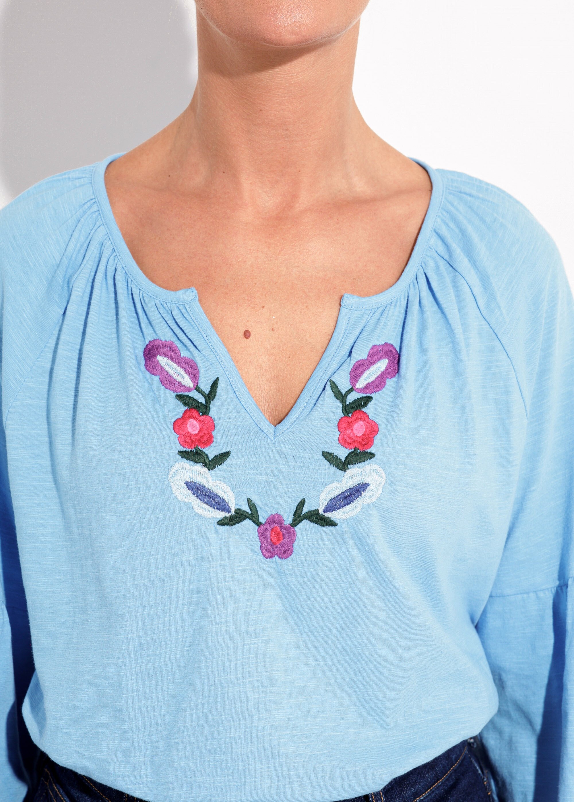 T-shirt long brodé manches longues Femme Bleu CENDY DE1