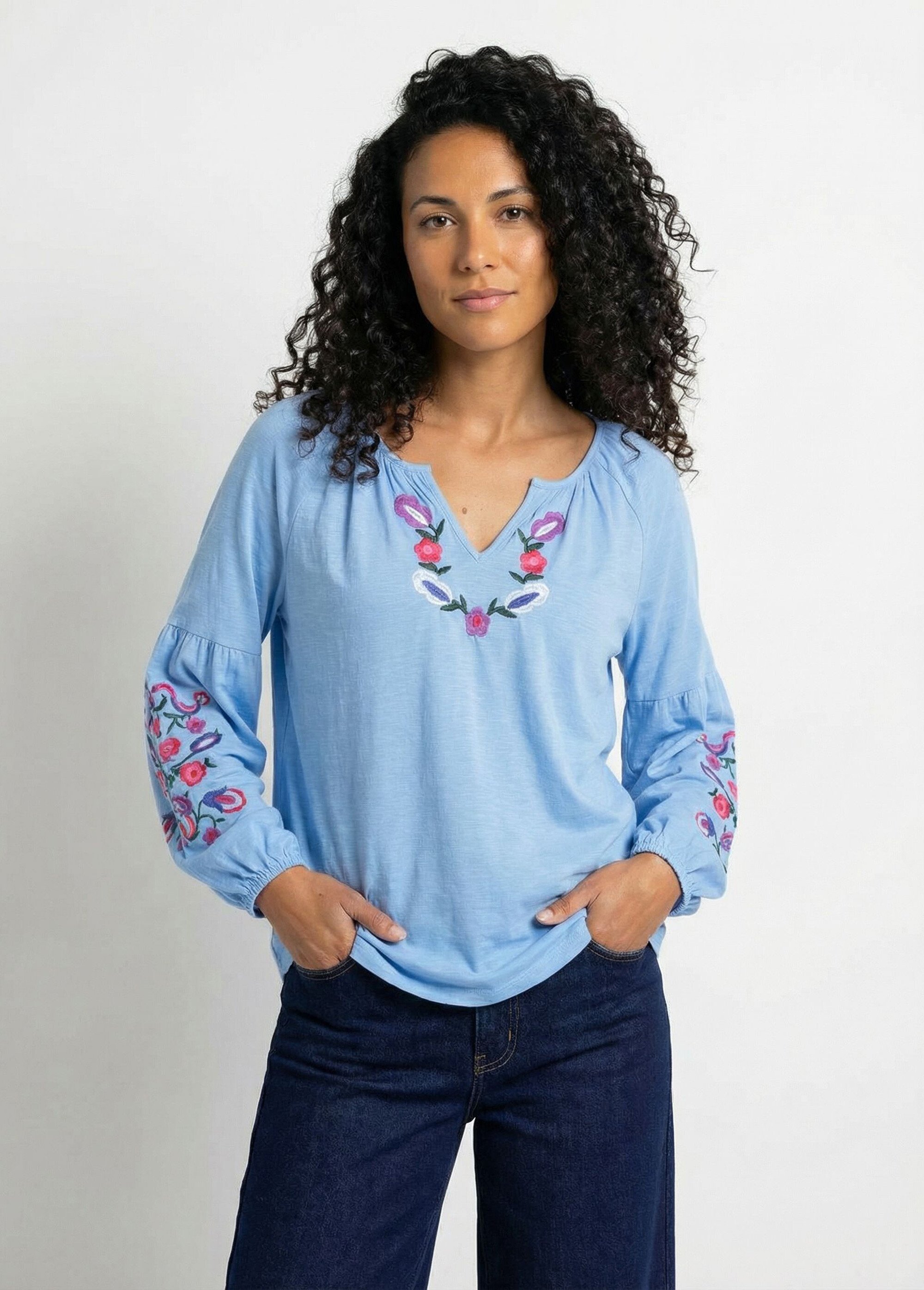 T-shirt long brodé manches longues Femme Bleu CENDY FA1