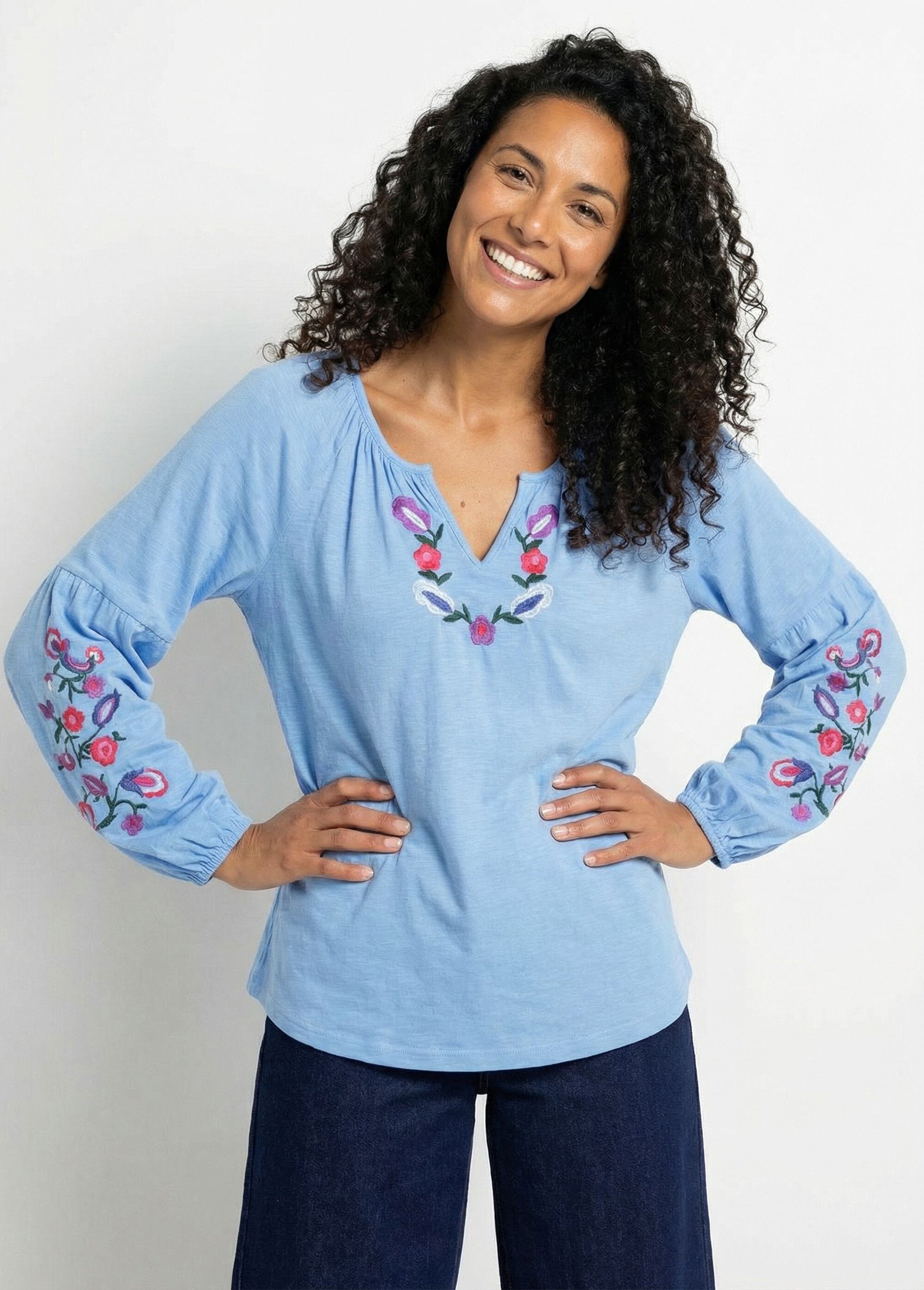 T-shirt long brodé manches longues Femme Bleu CENDY MV1