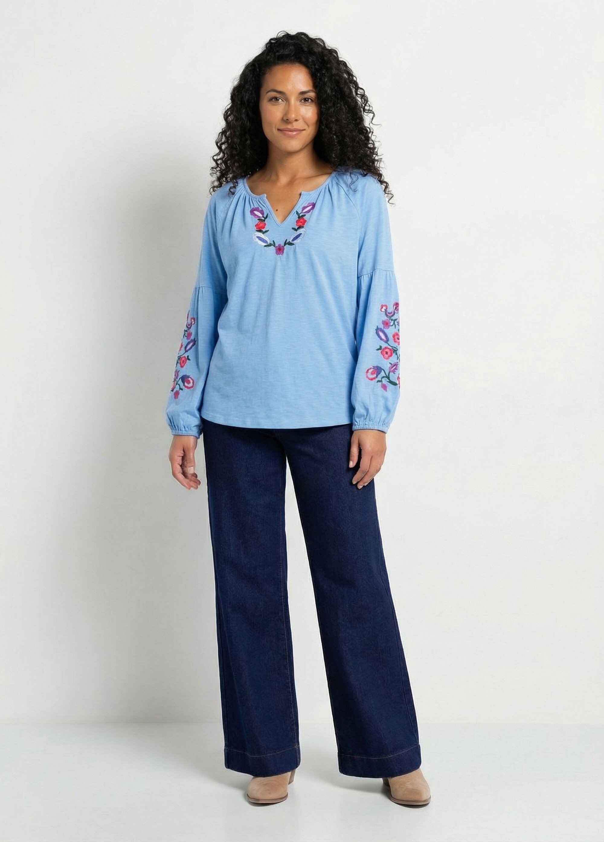 T-shirt long brodé manches longues Femme Bleu CENDY SF1