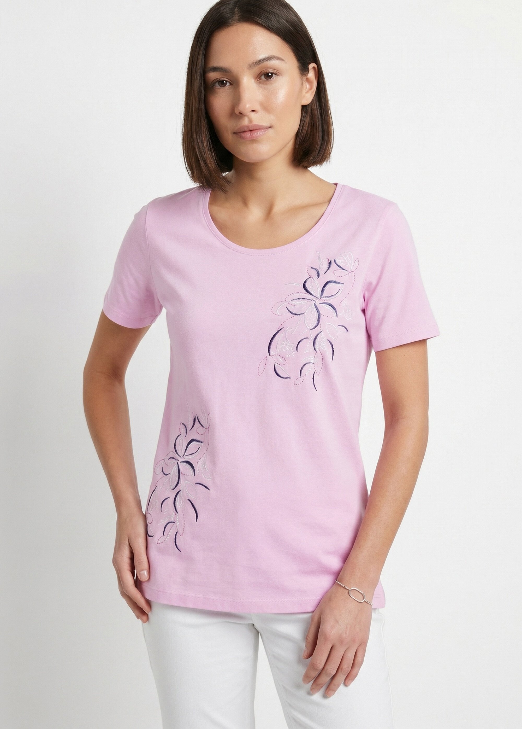 T-shirt long broderie placée fleurs Femme Rose CAEN FA1