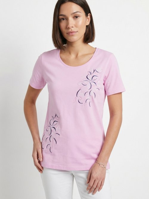 T-shirt long broderie placée fleurs Femme Rose CAEN FA1