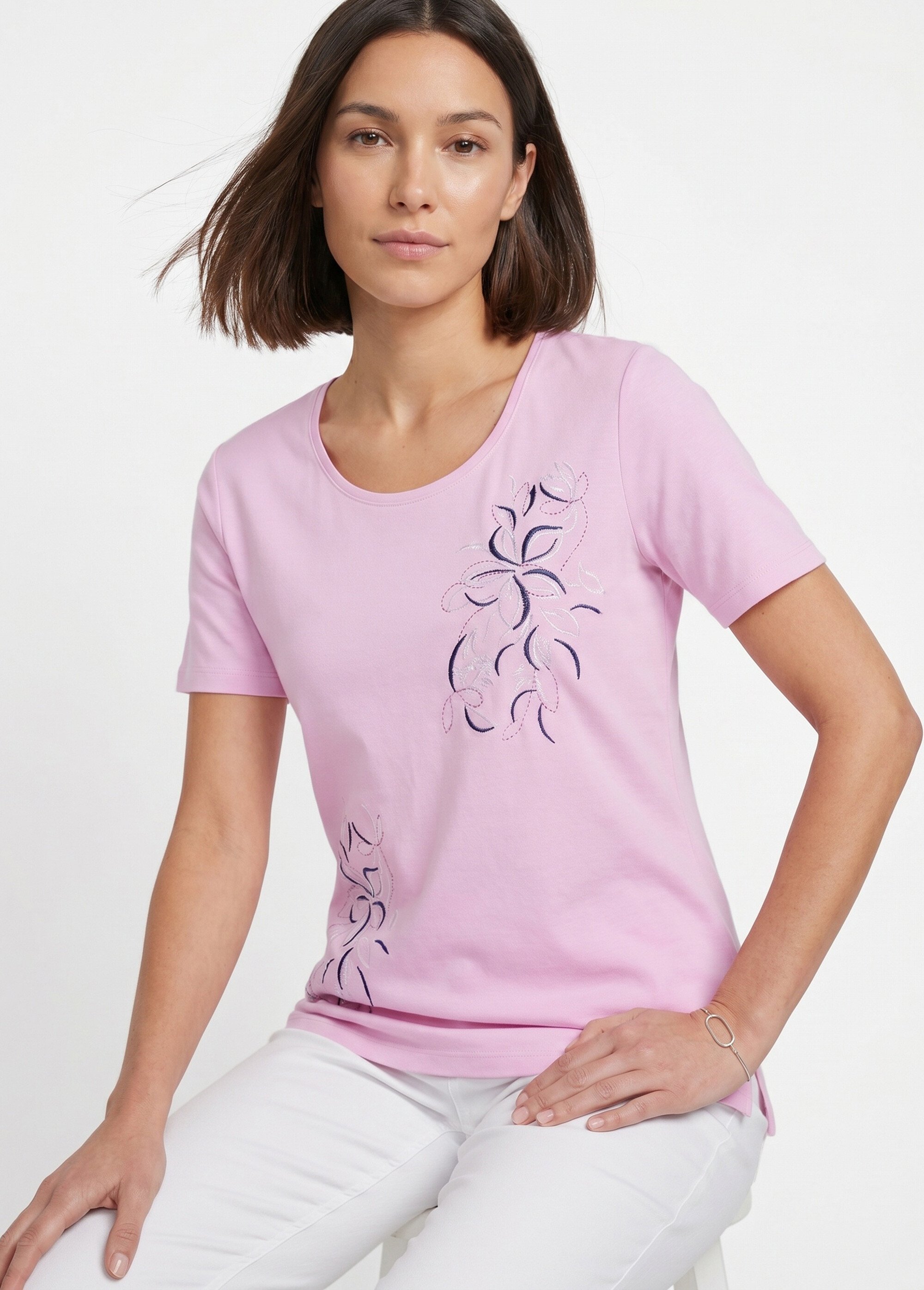 T-shirt long broderie placée fleurs