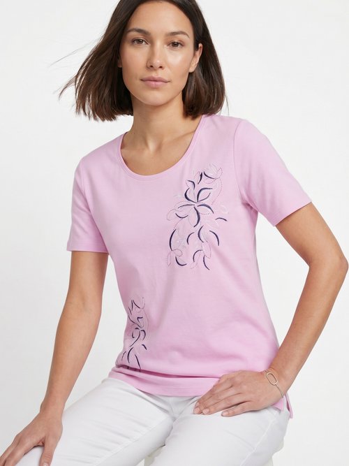 T-shirt long broderie placée fleurs Femme Rose CAEN MV1