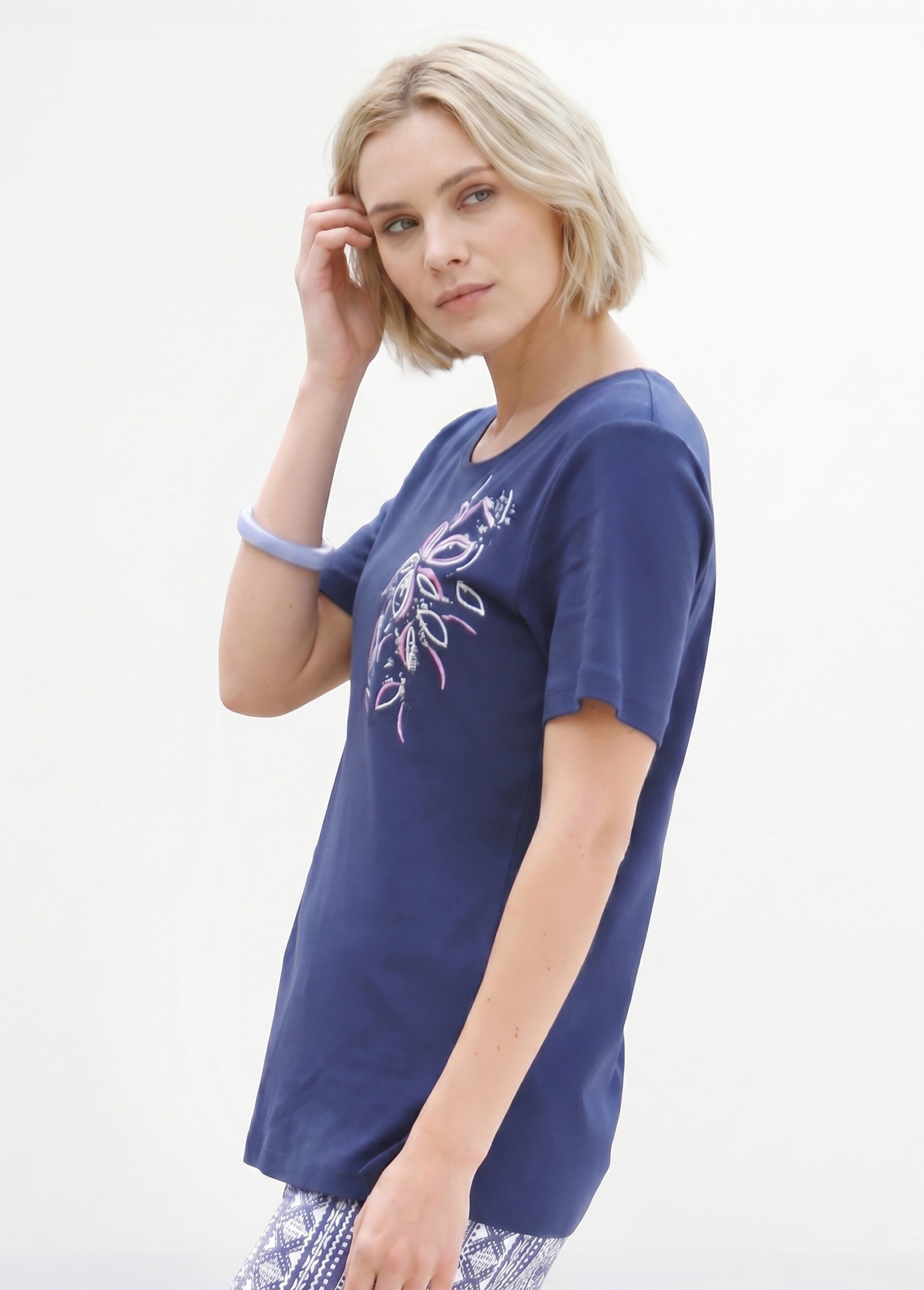 T-shirt long broderie placée fleurs Femme Bleu CAEN FA1