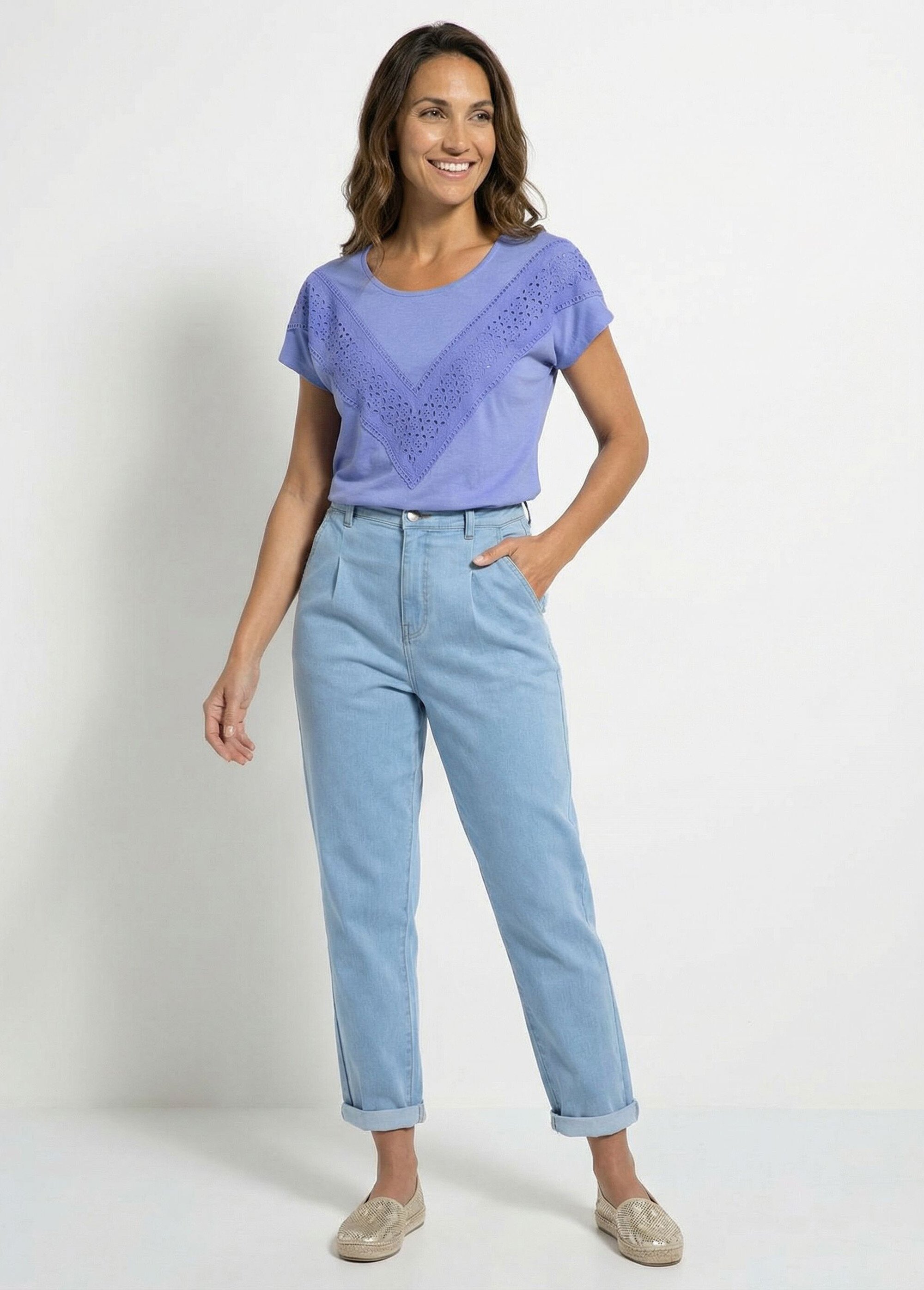 T-shirt uni col rond dentelle manches kimono Femme Bleu CARIMA SF1