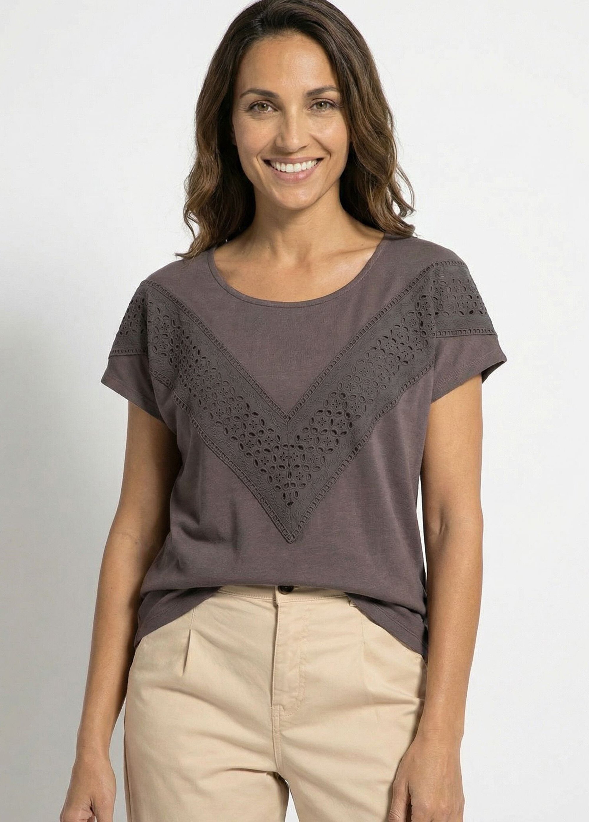 T-shirt uni col rond dentelle manches kimono Femme Marron CARIMA MV1